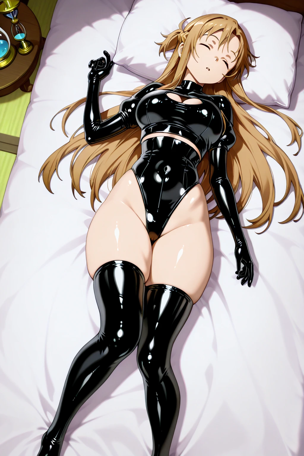 huge tit，plumw，Thick body，Long yellow hair，Brown body，Black bunny girl costume，Black bunny girl headdress，Black stockings，Black high heels，Expose shoulders and thighs，the cute sexy ass，Ultra-realistic pictures,Wearing sweat，lit from behind，realistic shadow perfect body，Surreal shadows，Lie down in bed，kowtow，POV from behind，hyperrealistic picture，Surreal X image，Realistic perfect body，ultra mega super hyper realistic，wetclothes，ssee-through，water vapour，add_detail:1.5，Black latex clothing ,Super tights,Oily glossy black latex