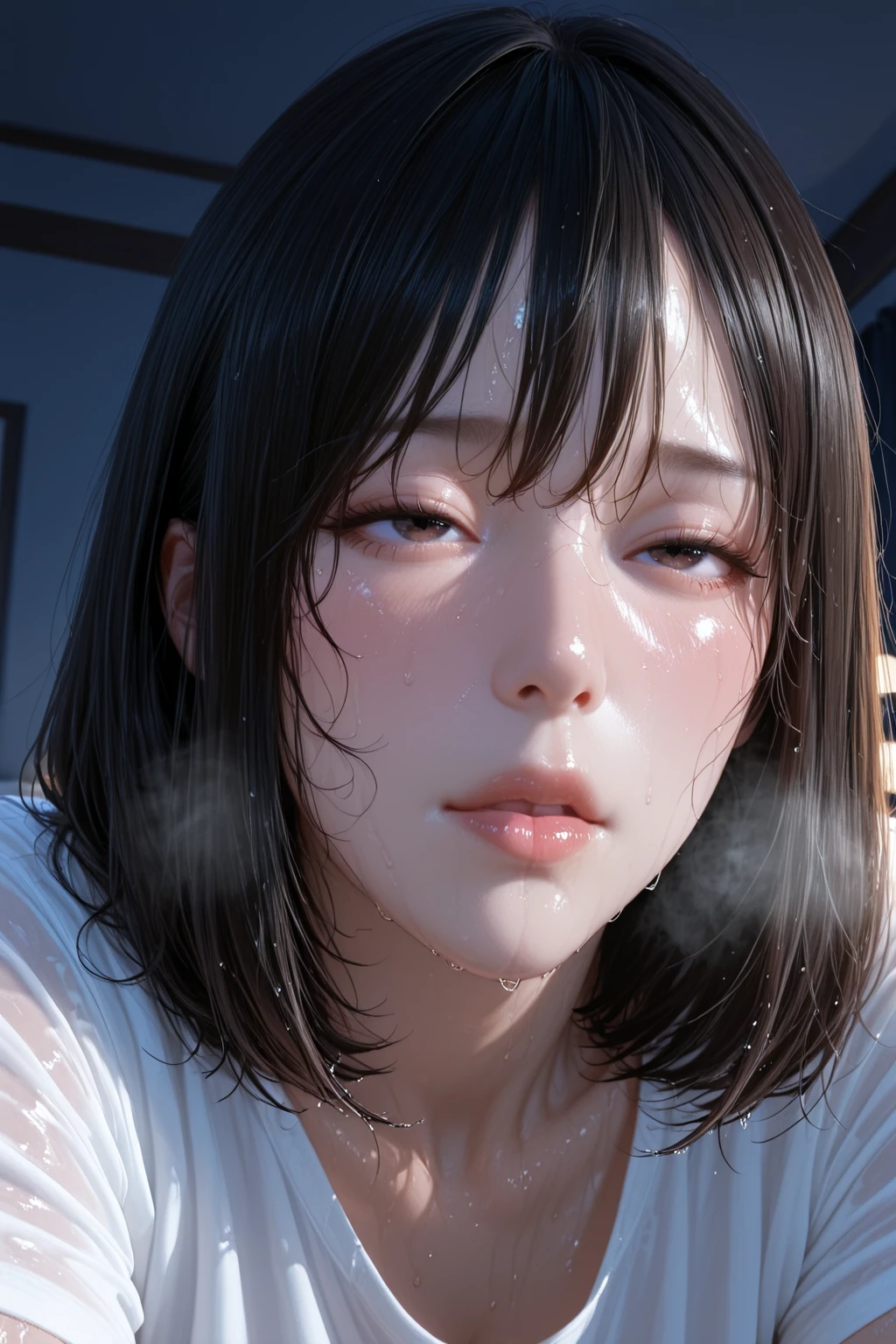 Wet your hair generously with white liquid,,、More disgusting look、Close one eye、dripping white liquid from the mouth、Erase hands accurately、