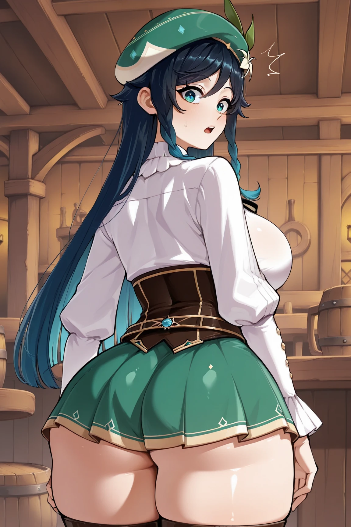ultra realista 8k CG, master part, 1girl, cute face, thick thighs, big tits, elf dress, underwear, blue theme