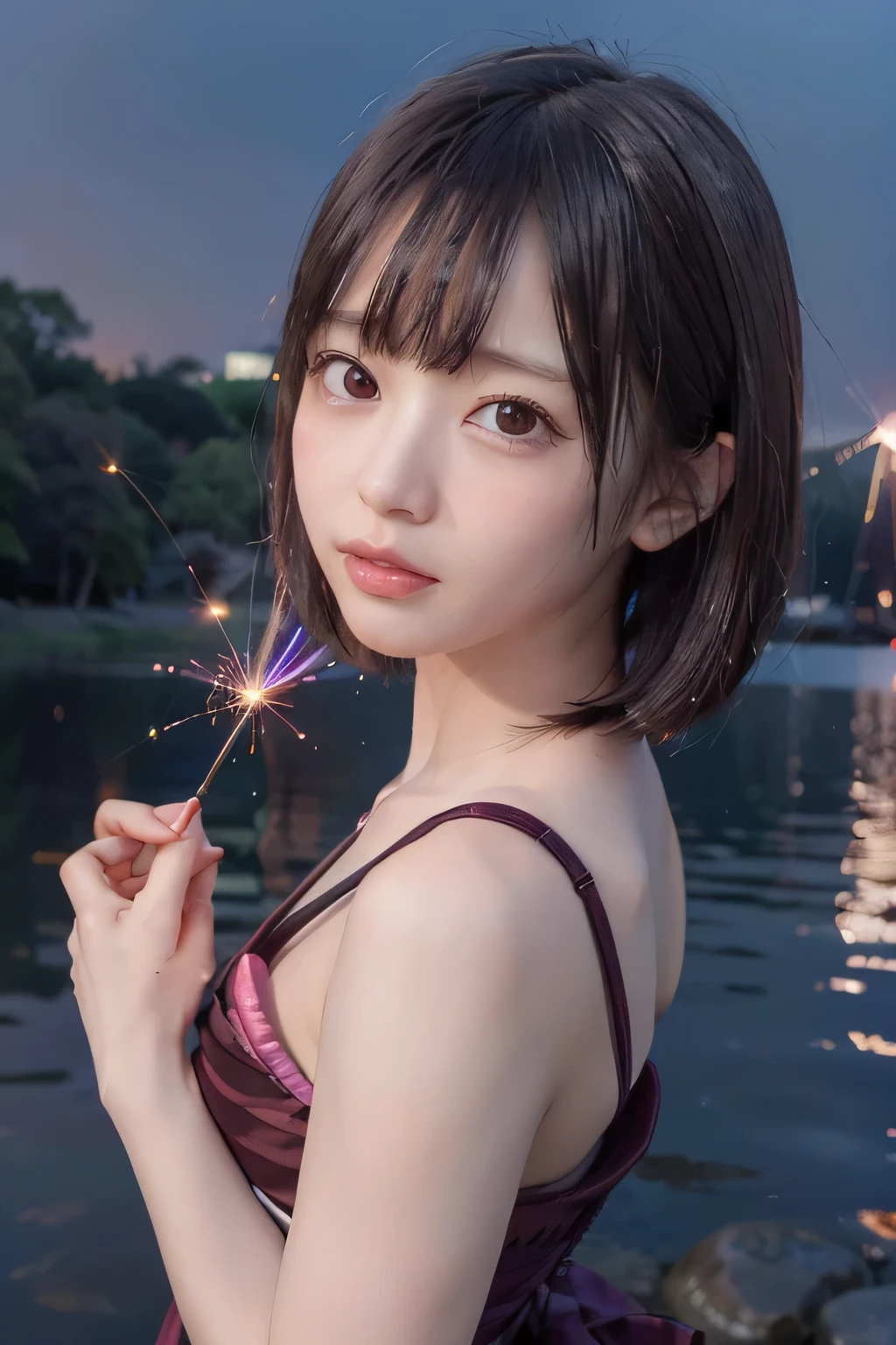 Perfectly Anatomically Correct:1.4, 5 Beautiful finger:1.4, 
1 Japanese Girl, Very Short Hair Bun:1.2, Wide-Set Eyes, Very White Skinned, Blush, Bashfully, 18-Year-Old, Open Mouse Slightly, 
Cute Eyes, Brown Hair, Wet Hair, Cheerful, Light Smiling, 
(Japanese Sparklers Within Reached Arm:1.2), 
(Point Fireworks at Viewer:1.2), 
Squatting:1.2, (Pale-Blue Japanese Clothes), 
Non-Nipple:1.2, 
Looking Down Viewer:1.2, from Side, from Below, 
Riverside Park, 
 BREAK 
8K, RAW Photo, Best Quality, Masterpiece, Realistic, PhotoRealistic, Extremely Detailed 8K Wallpaper, Beautifully Detailed Eyes, Finely Detailed Face, POV Shot, 
 BREAK 
High-Key Lighting, Professional Lighting, Bokeh:1.6