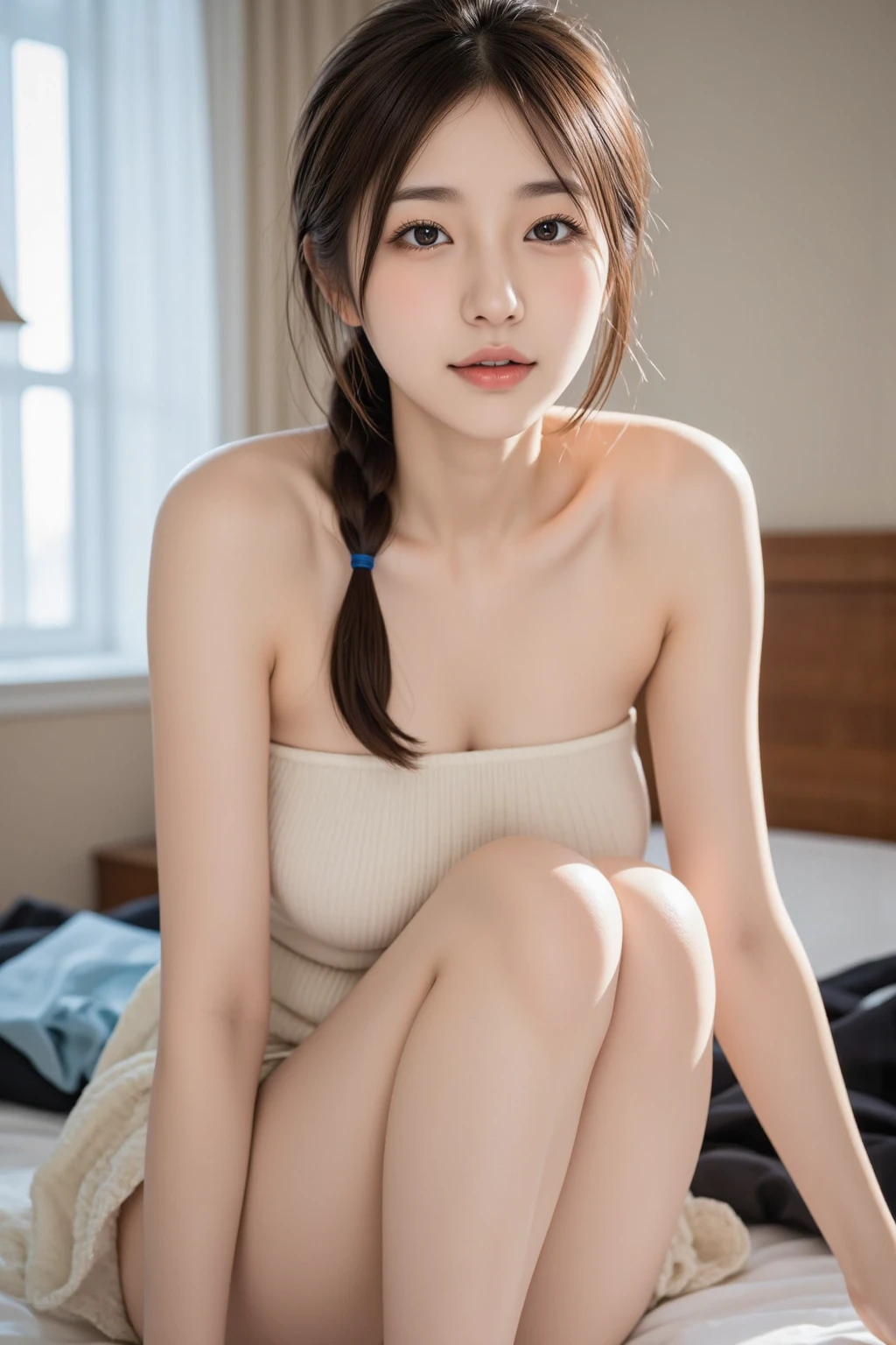 ultra realistisch, Arafed Frau sexy, angelawhite, kleiner Rotschopf, redhead girl, Vollbusige Brust, Rothaarige, Amouranth, roter Kopf, vollbusig, Lacey, Nice angle, thicc, Besser bekannt als Amouranth, SFW, Rothaarige, busty breasts, She has cute braids, Zopffrisur, kamera ist weiter weg, big breasts, cute pigtails, weisse perlen Ohrringe, Pretty white pearl earrings, She runs out of an indoor pool at a Norwegian resort, hinter ihr sind grosse scheiben, man sieht norwegische tannenbaum landschaft durch die scheiben, She is wearing a white triangle bikini with a halter neck, weisser Triangle-Bikini mit Neckholder, She lies on her stomach and holds her feet up sexy pose for Instagram, draussen ist nachts, das resort ist beleuchtet, nighttime, Northern European night landscape in the background, sie ist weiter weg, es ist dunkel draussen, dark outside, ultra realistic face, sie hat japanische und koreanische wurzeln, es ist kurz vor mitternacht, es ist dunkel, sie liegt auf einer sonnenbank beim pool, liegt auf sonnenbank, perfect feet