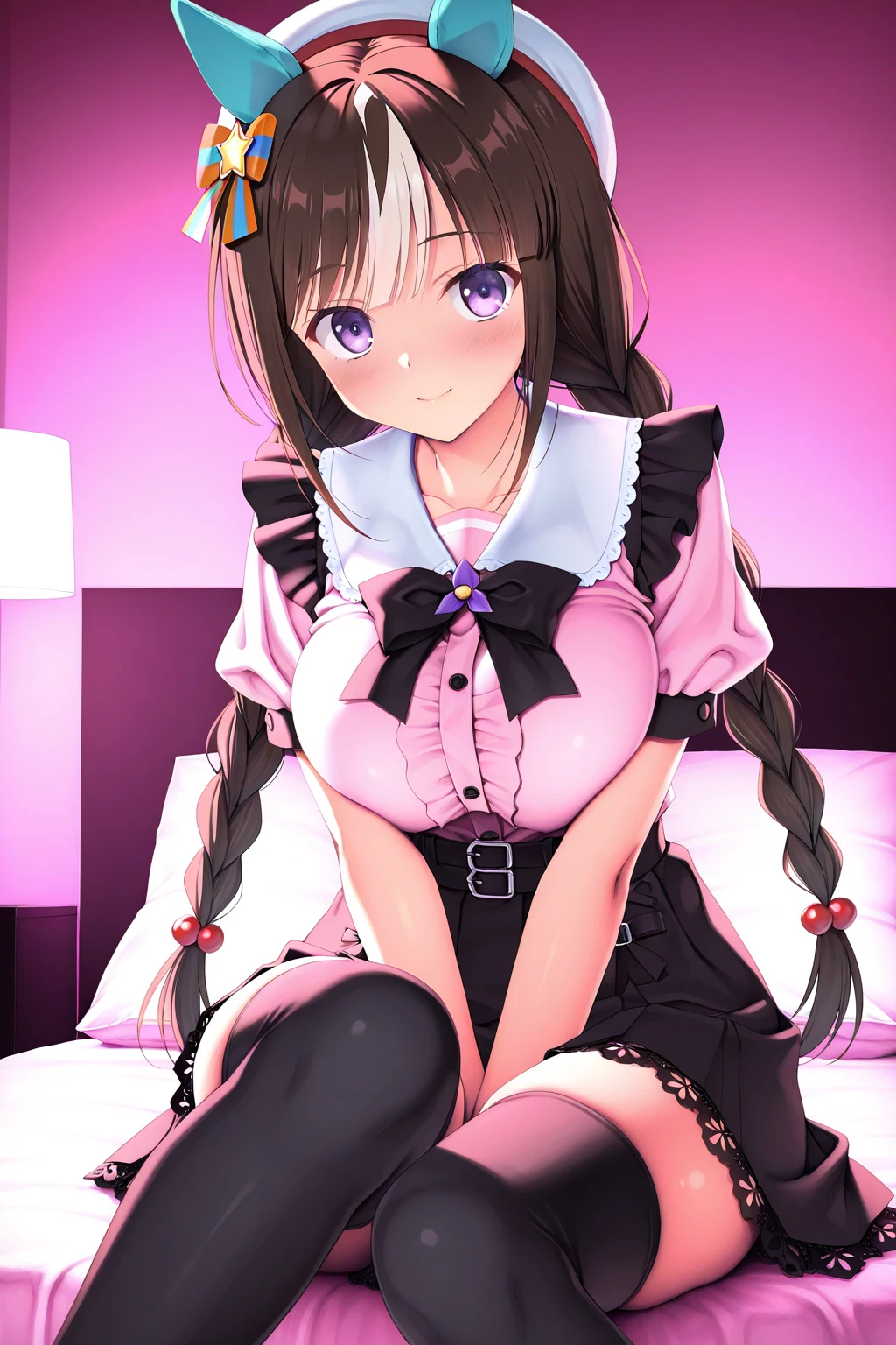 (best aesthetic,best quality,ultra high res,insanely detailed,exquisite,absolutely resolution,explicit,extremely detailed CG),BREAK,(((perfect anatomy,perfect proportion,artstation female body))),BREAK,(detailed beautiful jewely catchlight gradient slant eyes),ligne claire,gleaming skin,super detailed skin,BREAK,nsfw,horny presenting,fall into pleasure,orgasm,looking at viewer,BREAK,(beautiful toddler gal,loli),prostitute,BREAK,small baby face,childish and super cute,((((blush)))),BREAK,Bishojo,ultra cute,Kawaii,BREAK,low body size,short stature,slender,BREAK,(((((jirai kei,yamikawa kei))))),BREAK,(black and purple ((streaked hair))),(((((double bun long twintails hair))))),BREAK,((shiny glossy metaric beautiful hair,gradient hair)),BREAK,((medium breasts)),((puffy nipples,erectile nipples,long nipples,huge areolas,bare breasts)),BREAK,((gothiclolita),negligee,See-through),BREAK,(frilled polka dot thigh high knee socks:1.4),zettai ryouiki,high heels,No panties,BREAK,lift up skirt,love hotel,(on the bed),evening,(sweet pussy,show off pussy:1.3),(dripping love juice:1.3)