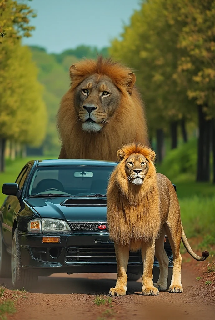 Two wonded lions standing in the middle of Black cadillac escalade 2024 with light blue lights
