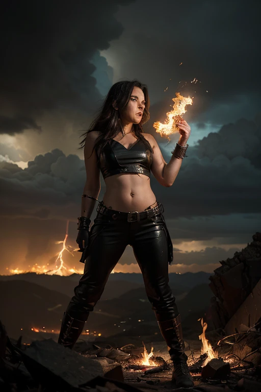 22yo hungarian brunette teen beauty as the devil, red skin, evil face, two horns on her head, she is wearing black body fit studded leather dress, standing on a stone altair, hands in the air with red lightning between them, the fire of hell in the background, 8k, uhd, detailed face, yellow eyes, uhd, 8k, ultra realistic