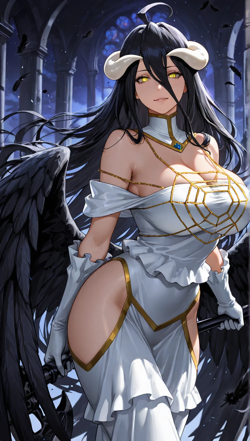 yellow_eyes , masterpiece, best quality, highres, looking_at_viewer , anime
al1, demon horns, slit pupils, white gloves, white dress, bare shoulders, detached collar, cleavage, black wings, feathered wings, low wings, cowboy shot, standing, smile, dungeon, evil smile, white_background simple_background
<lora:sadakage-lora-v1-128dim-10ep-naivae:0.7>