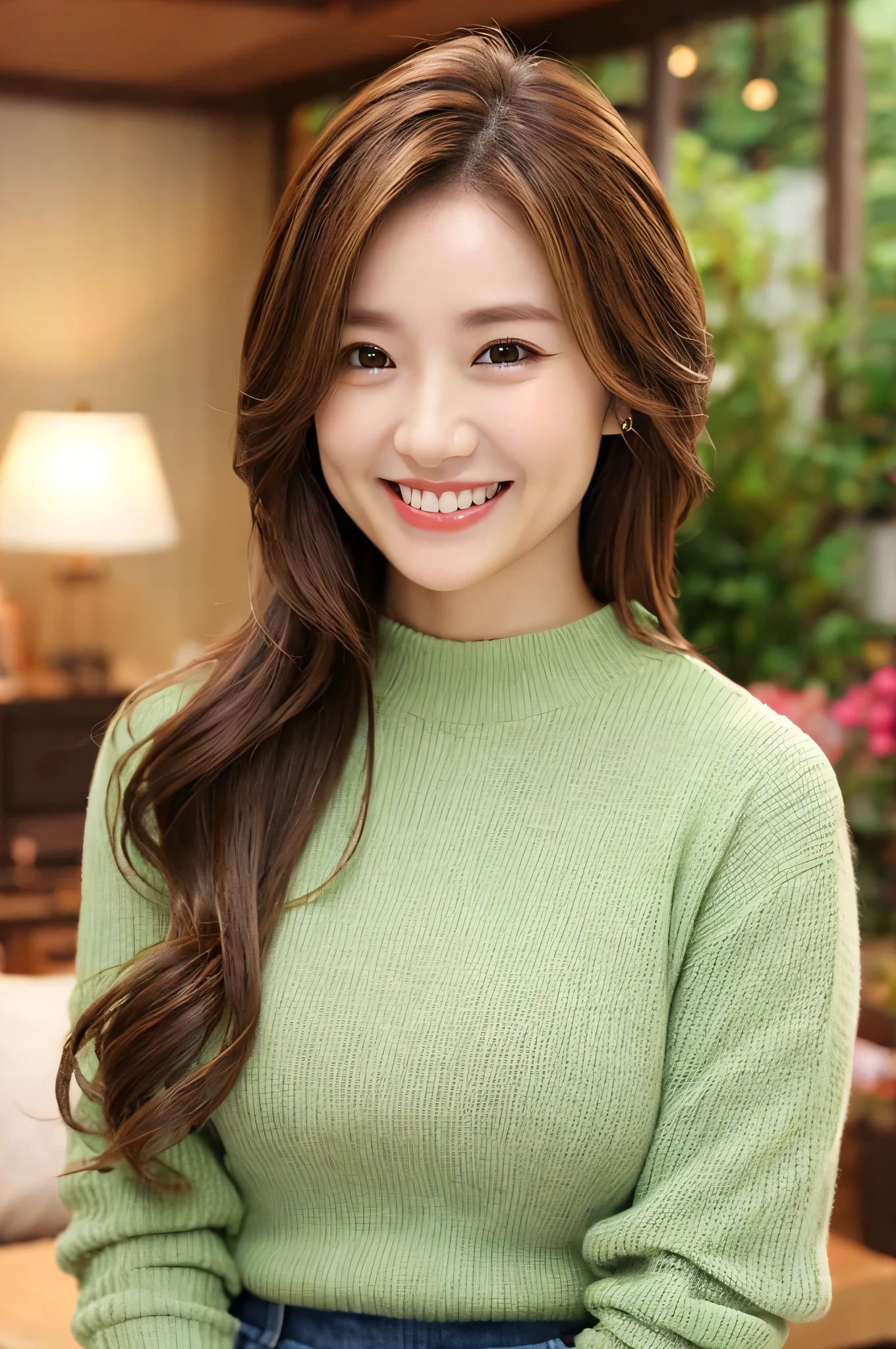 A woman wearing a matcha green blouse、Upper Body