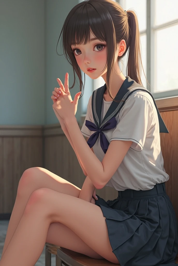 ((Biologically correct number of limbs))、((natural finger shape))、(( Full body photo including face))、standing position、[NSFW]、4K、masterpiece、((focus on the face))、((Symmetrical facial features))、Eyes of minute description、Beautiful woman、outstanding style、beautiful clavicle、beautiful legs、slender body、(small ass、thin thighs）、(high heels）、Detailed depiction of faces、small earrings、necklace、(sailor suit、Knee-length pencil skirt）、Scene of climbing the stairs in the park、shot from the side、upper body close-up、sweating、embarrassed expression、