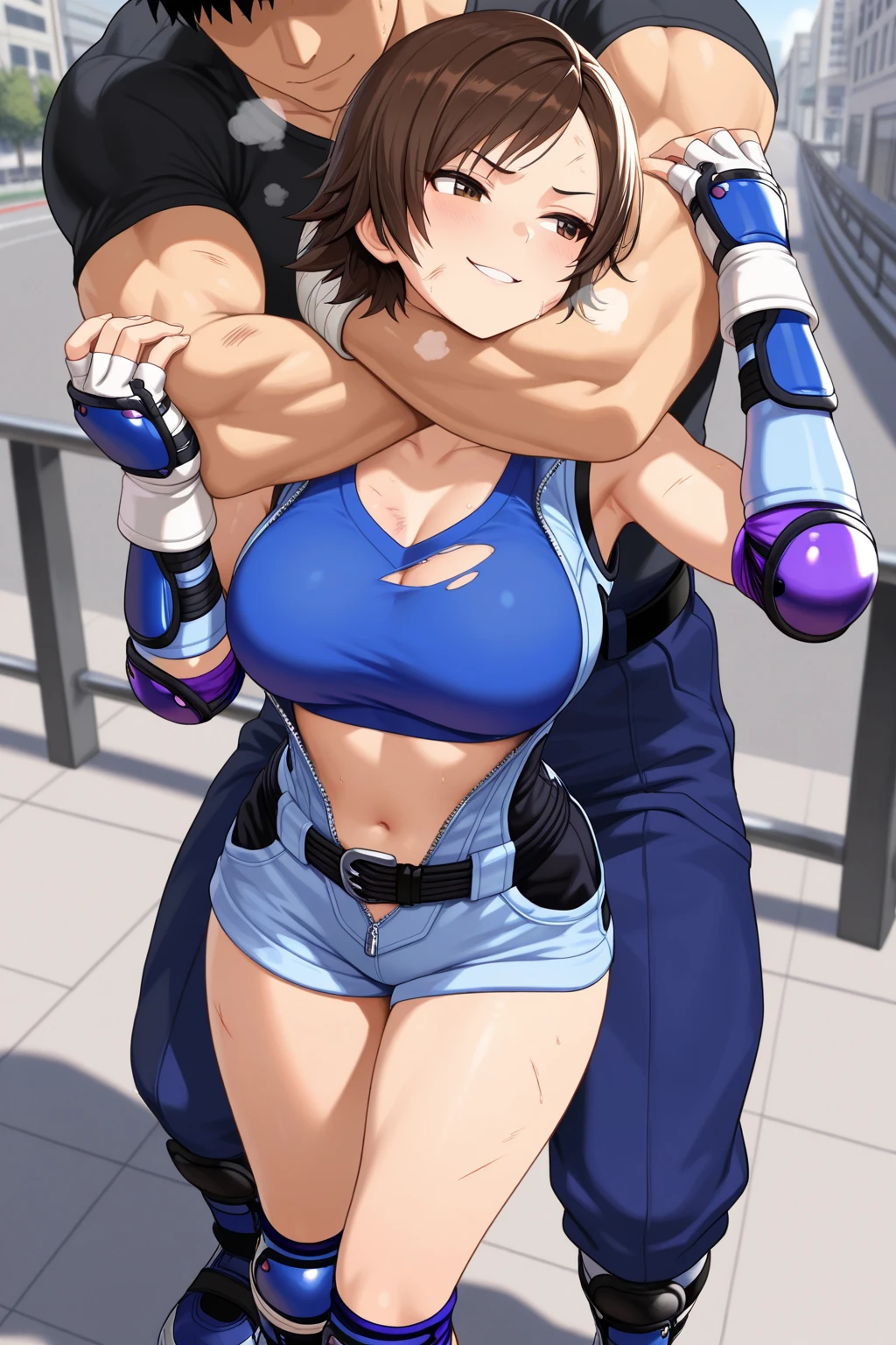 A man punches a girl in a leotard in the stomach
