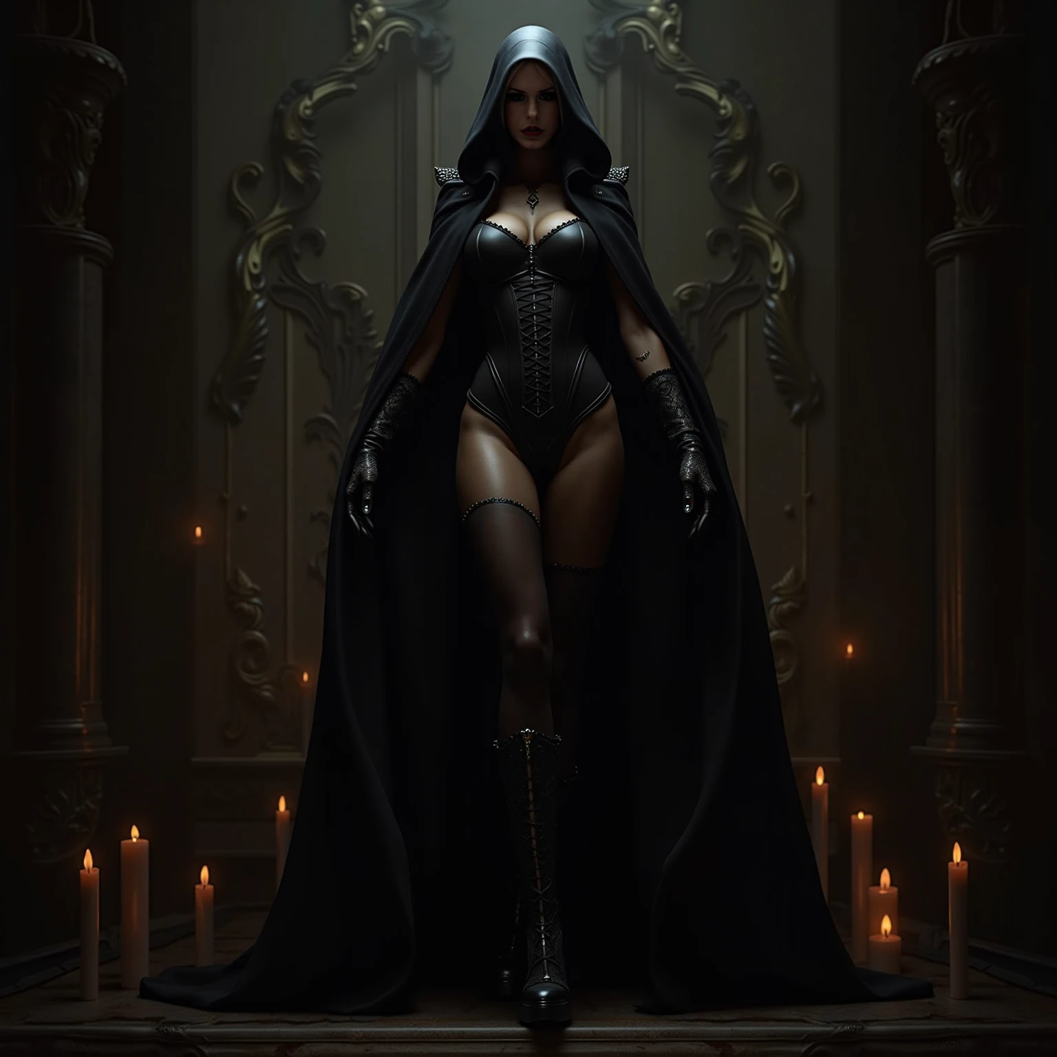 black sorceress woman in short clothes with large, exposed breasts, long black hair and red eyes, with a silk cape on her back, manipulating black magic in one of her hands, dark apocalyptic scene background
