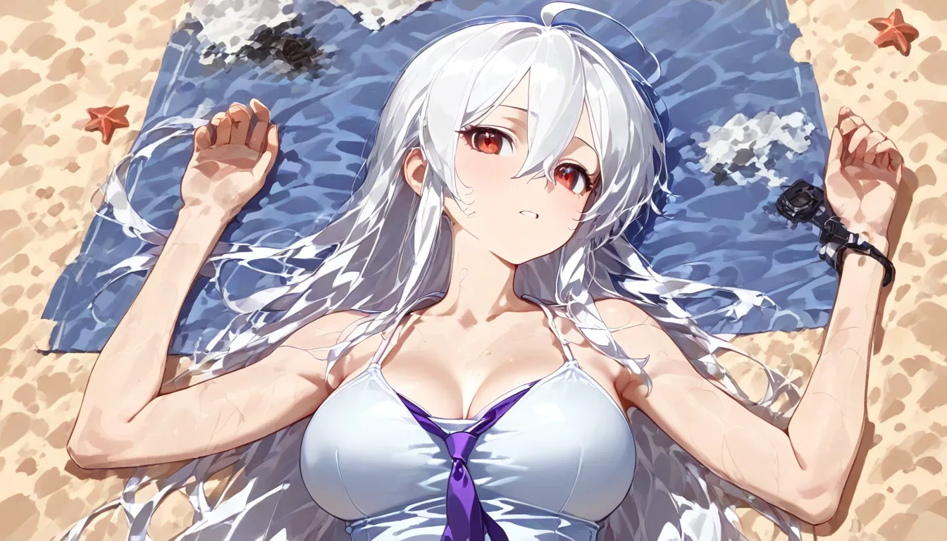 2D, HD, Detailed details, Detailed landscapes, beautiful lights, Beautiful Shadows, top-quality, Highly detailed, masterpiece, best quality, highres, skadi, no hat, gray hair, red eyes, large breast, long hair, blush, closed mouth, navel, looking at viewer, anime, full body, armpits, stomach, highly detailed eyes, cleavage, arms behind back, highly detailed face, anime styled, wet clothes, sea, horizom, sky