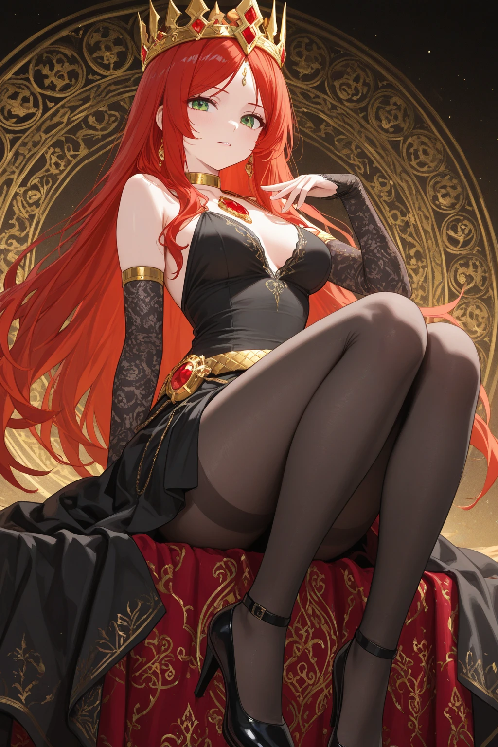 (masterpiece, best quality) an adult woman with very long red hair, ((evil)), short dress, ((golden dress)), black bows, ((crown)), ((queen)), long stockings, ((sequins)), ((shine)), bare legs, ((blood)), palace, braids, good anatomy, correct proportions, heels, profile, queen, yellow eyes, serious, mysterious appearance, blood, emotionless, straight bangs, very long red hair, evil, (yellow eyes), gothic,  medium chest, ((blood-stained skin)), cinematics, color oil painting, ((solo)), cinematic lighting, extremely detailed face, finely detailed face, beautiful face, beautiful eyes, perfect lighting, depth of field, realistic proportions, ((good anatomy)), long coat