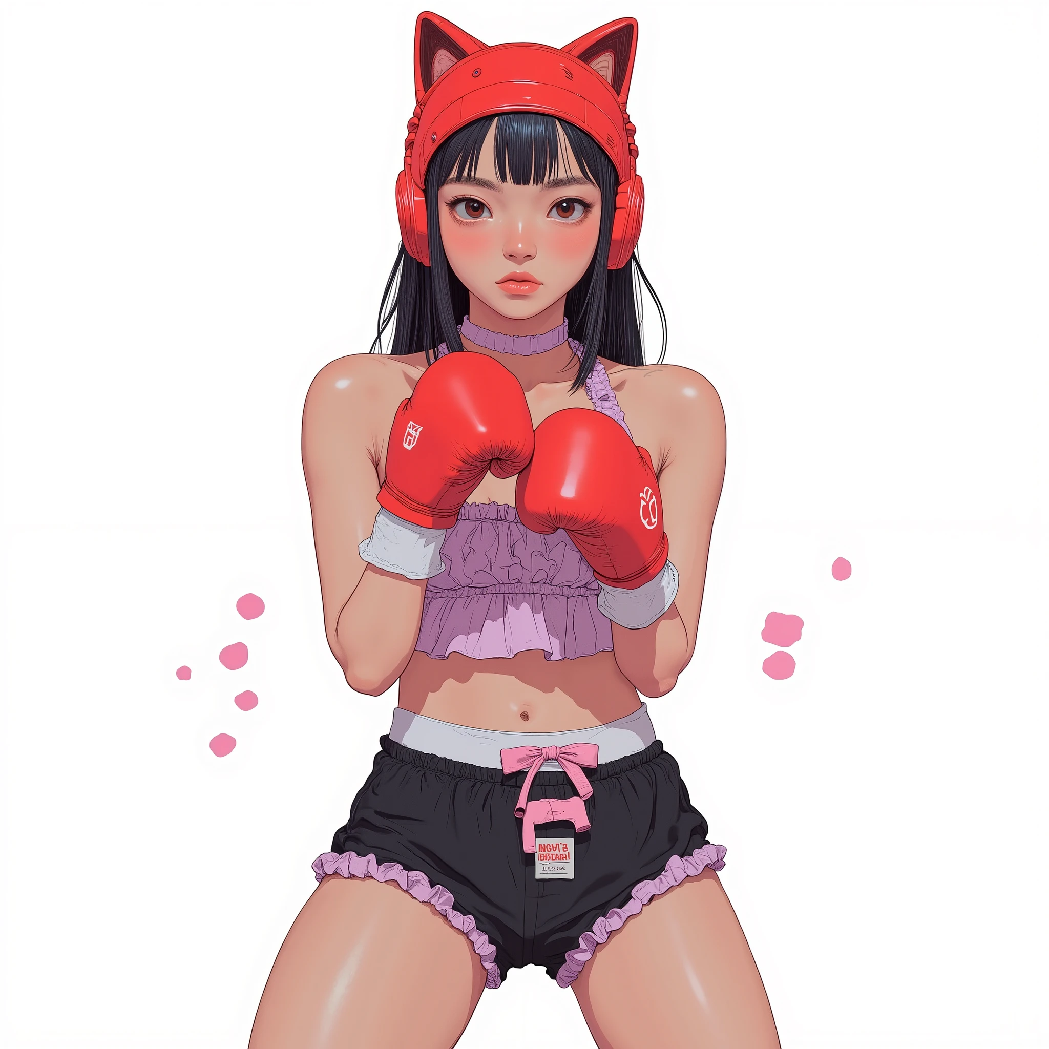 high-waisted, combines bright red headgear. muscular woman stands out, woman wears red boxing gloves, lavender-colored ruffles. shows confidence and boldness, representing vitality, satin-like black shorts are tightened with a waistband、shows confidence and boldness, sports bra decorated with decorative lettering. white socks and red boxing shoes complete the outfit, Emphasize individuality、The. Light footsteps、No Guard、dynamic on the backgroundポーズ、dynamic on the background Composition、dynamic on the background、simple white background