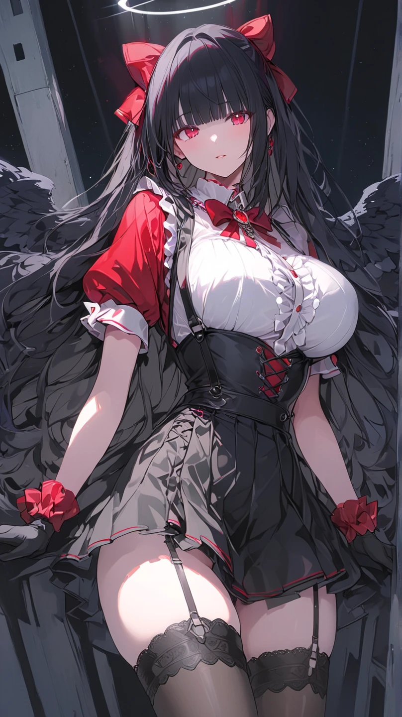 (8Kmasterpiece,highest quality:1.4),Ultra-high resolution,(masterpiece:1.4),hyper detail
BREAK (1 girl),(),Beautiful Face,(dark blue eyes),(Sleepy eyes:1.35),(Thick eyeliner:1.3),Beautiful and delicate eyes,(Thin and long eyelashes:1.3),artistic makeup,(perfect anatomy:1.5)
BREAK (black hair),(long hair:1.2),(ahoge:1.2)
BREAK (closed eyes:1.2),(embarrassed:1.3),(smug:1.2),(laugh:1.3),(open mouth:1.4),(happy:1.4)
BREAK (Slender body),(big breasts:1.3),(big thights:1.2)
BREAK (luxury red dress:1.3),(luxury black thighs:1.3),(flower ornament:1.2),(earring:1.2),(big red wings:1.3),(luxury accessory:1.2),(devil costume:1.2)
BREAK (she is standing while waving:1.3)
BREAK (dark atmosphere:1.3),(in front of luxury hotel:1.3),(fantasic world:1.3),(burnt world:1.3)
BREAK depth of written boundary,Amazing panoramic views,(looking viewer:1.4),(Vignette Light:1.2),(extreme close up:1.3),(focus breasts:1.3),shot from side