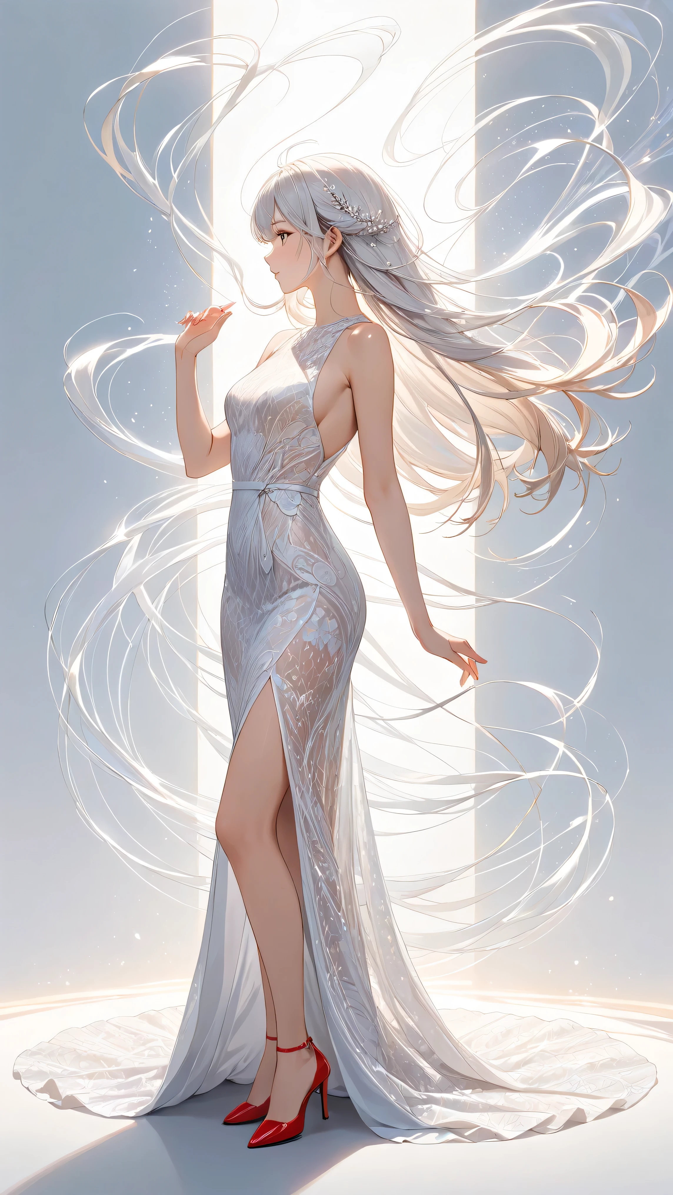 Close-up of a woman in a silver dress and flowing skirt., Concept art by Yang J, Artstation contest winner, fantasy art, Carole Bak's style, gracefully belly dance pose, Carol is behind, uh.., belly dance, wlop art, art of wlop, As seen in artgerm, A very detailed RTM pathogen.