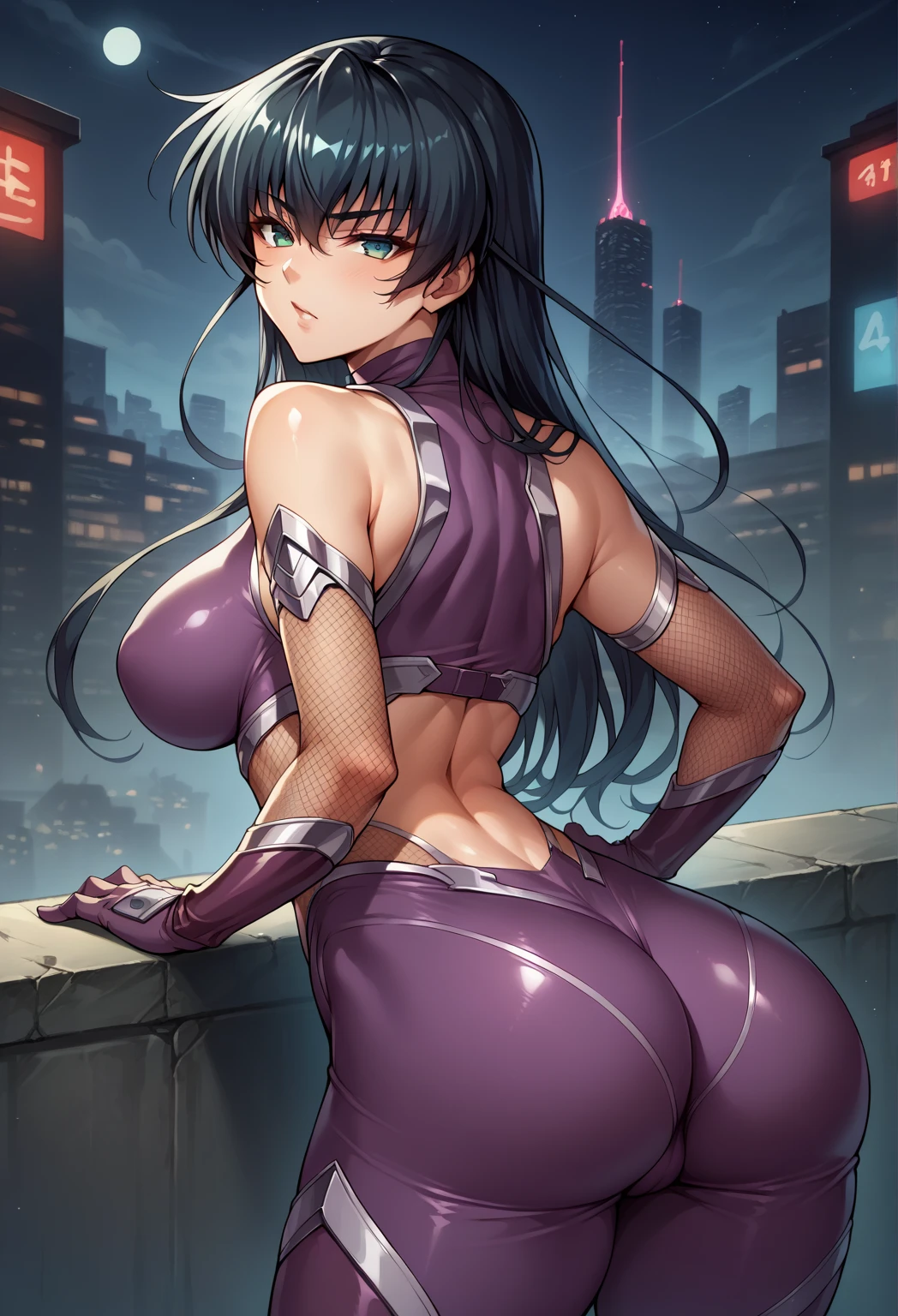 ultra realistic 8k cg, masterpiece, ((ultra detailed background, intricate detail, highly detailed, fine details best quality, hyperdetailed face)), gigantic breasts ,beautiful lighting, absurdres, BoaHancockV2, 1girl, solo, black hair, long hair, jewelry, closed mouth, ), (Spider-gwen costume, curvy, shiny clothes), blue eyes, complex detailed background, outside, standing on top of buildings at night), ((cowboy shot)), curvy, (gigantic breasts: 1.1), seductive smile, cowboy shot, curvy ass, big butt, bubble butt, (tan skin :1.1) (tan face:1.1)