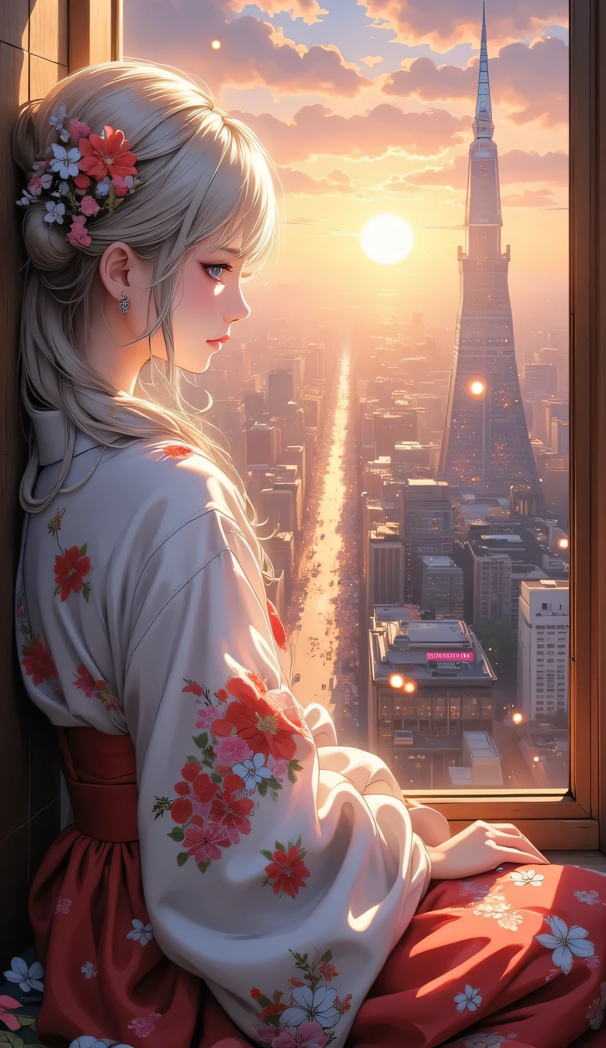 Scenery Seen Through a Window,Windowside with a view of the sunset、high quality realistic 3d rendering,precise texture,Sparkling night view,Deep Color,sophisticated composition,Charming Atmosphere,delicate details opened in kimono,Exquisite Bokeh ,Masterpiece,City