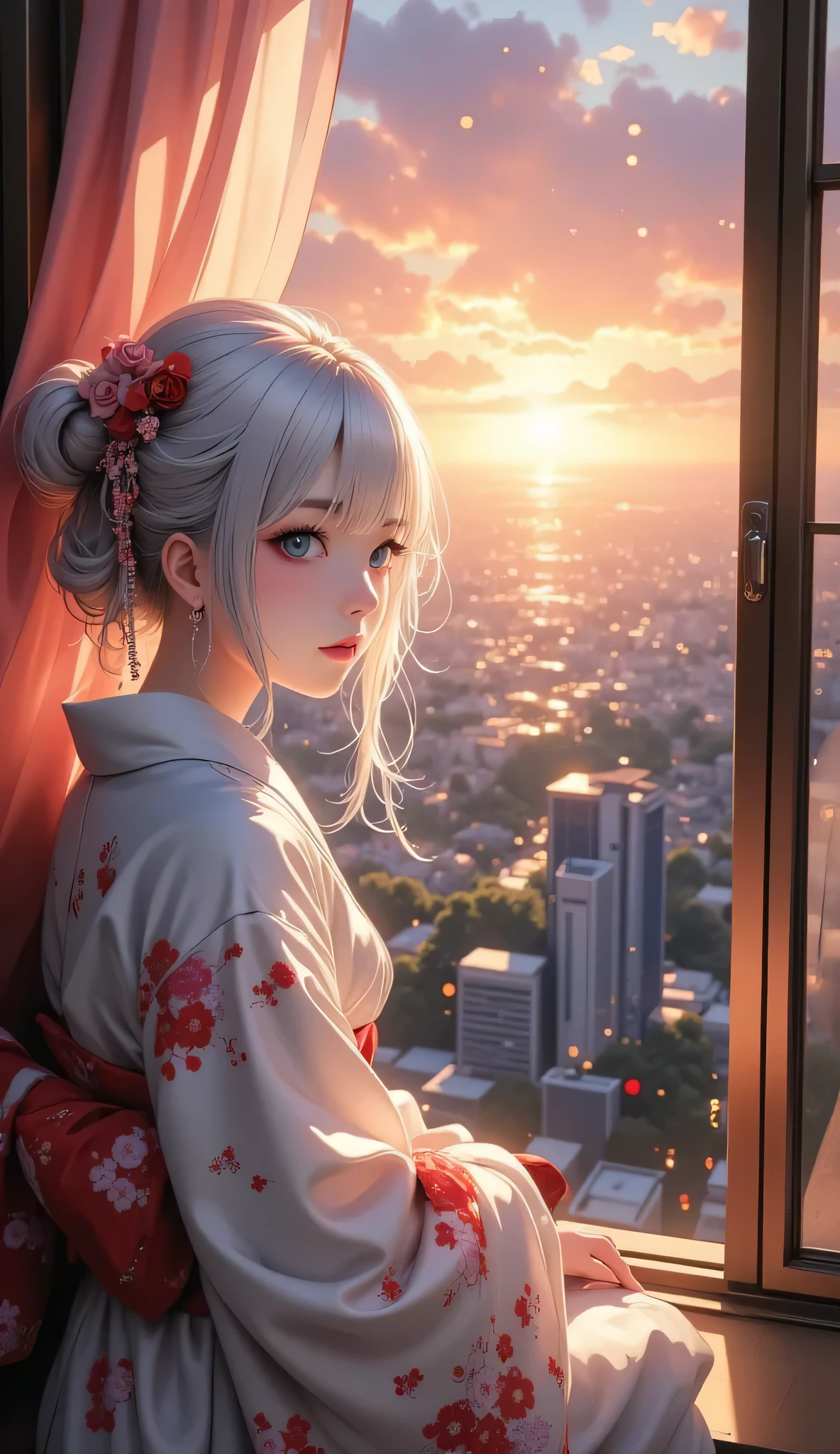 Scenery Seen Through a Window,Windowside with a view of the sunset、high quality realistic 3d rendering,precise texture,Sparkling night view,Deep Color,sophisticated composition,Charming Atmosphere,delicate details opened in kimono,Exquisite Bokeh ,Masterpiece,City