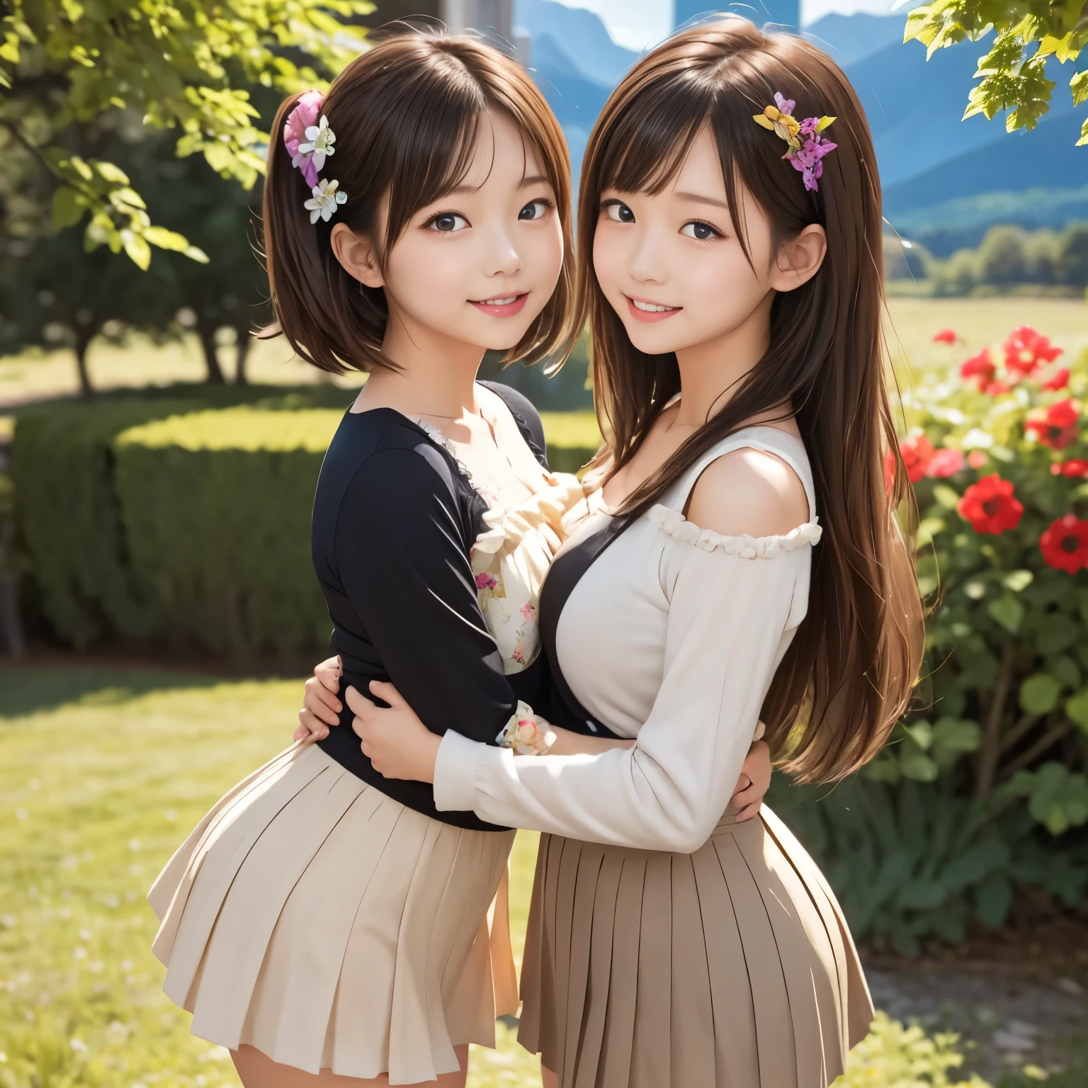 A wide, open meadow filled with vibrant, colorful wildflowers. In the distance, majestic mountains rise under a clear blue sky. Two young Japanese girls are standing in the middle of the flower field, smiling warmly as they embrace each other in a friendly, affectionate hug. They are the same age, both petite with well-proportioned, slightly curvy figures. One girl has long black twin-tail hair and is wearing a white, floral-patterned one-piece dress with frills and ribbons. The other girl has shoulder-length straight brown hair and is wearing a pastel-colored blouse with a pleated skirt. Both outfits are feminine, skirt-based and flowing gently in the breeze. Their hair and skirts are softly fluttering in the wind. The image is framed from the thighs up, with natural sunlight, shallow depth of field, warm tones, and realistic skin textures. Photorealistic style, high resolution, cinematic composition.