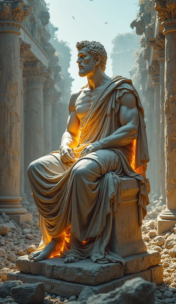 Ancient Stoic Statue With Very Angry Expression, tem barba, muitos detalhes em ambos os olhos, Outside, fundo atenas grego, open sky, com rosto extremamente detalhado full body view, Colors with low saturation with dark tone, Filmado em Sony A7S III com Sony FE 35mm f/1.8, 12.1 MP, --AR 3:2 --estilo cru