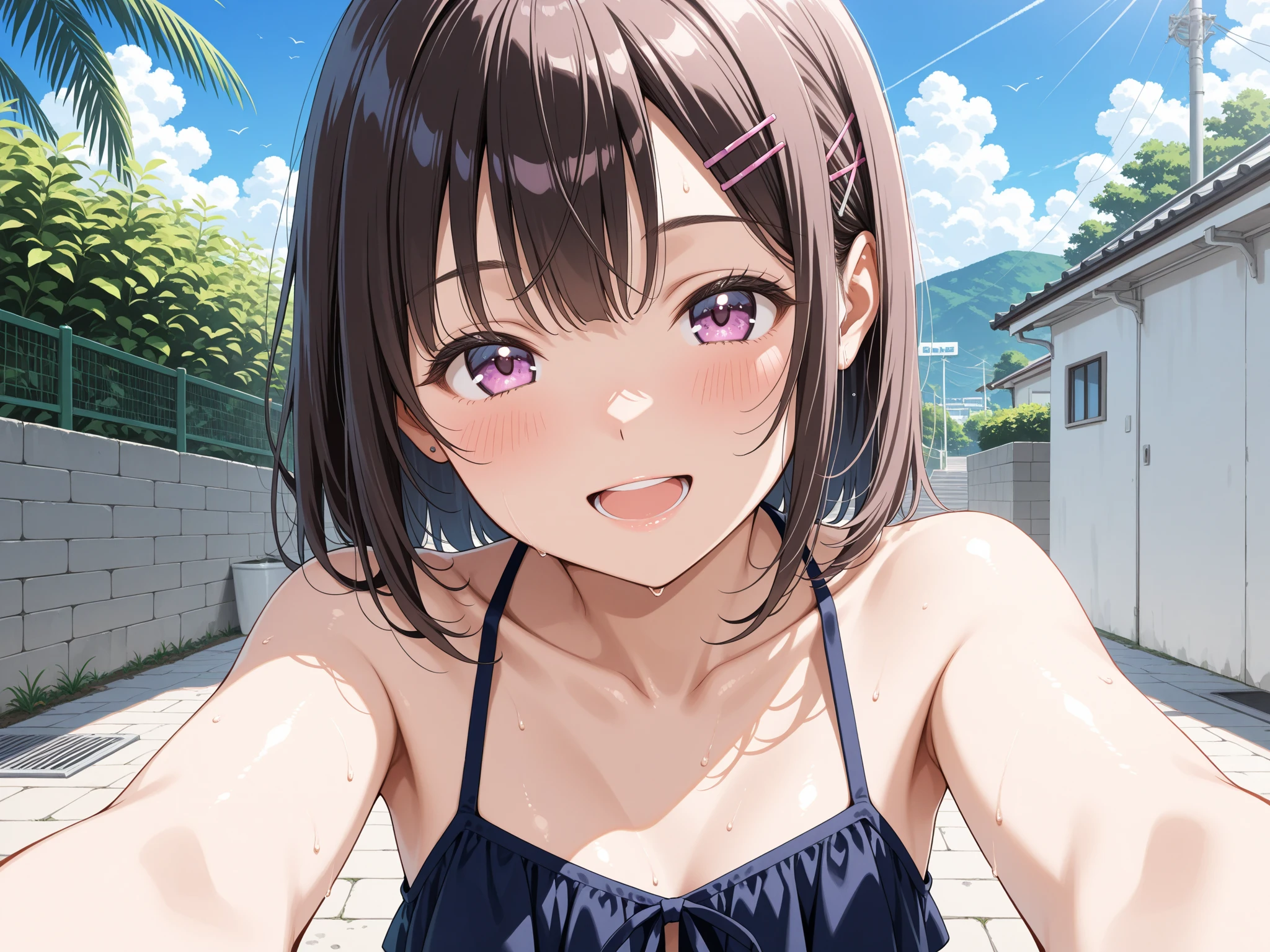 best quality, masterpiece, (hiten1:0.7), 1girl, selfie, (close-up), face focus, reflection, detailed eyes, head tilt, (claw pose), naughty smile, collarbone, bikini top only, medium breasts, cleavage