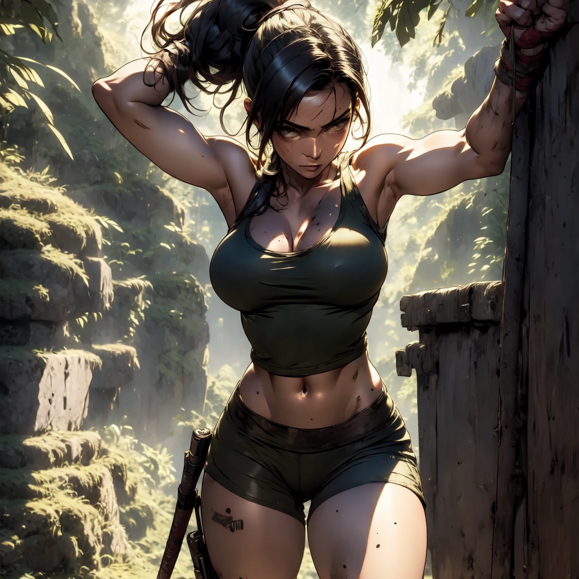 Lara Croft in the jungle, realistic, full body, estilo Frank Frazetta, detail intricate, 32 k, --auto --s2