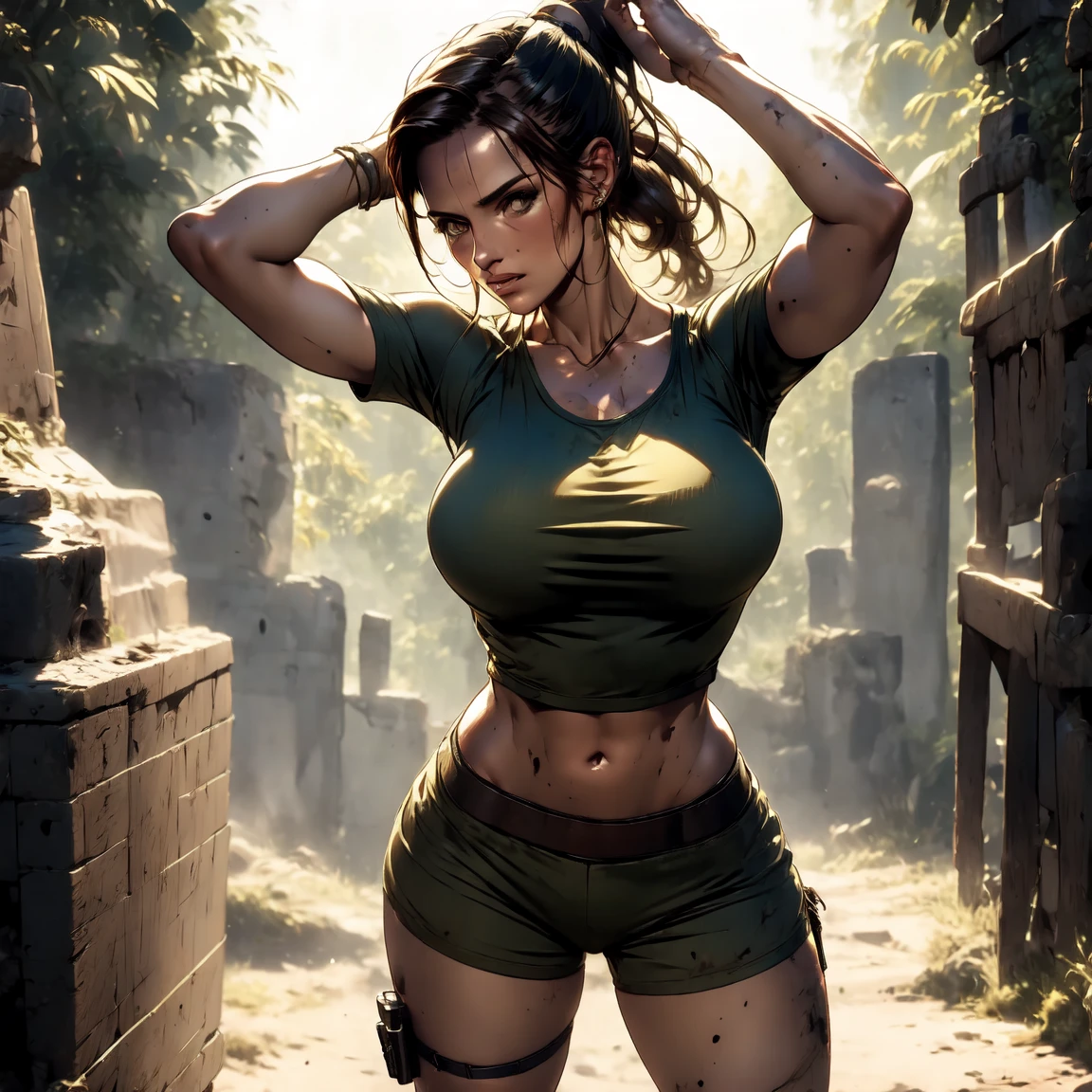 (Best quality), (masterpiece), (detailed: 1.4), 3D, Lara Croft inspired outfit (Tomb Raider), (extremely sexy woman + revealing outfit: 1.3).