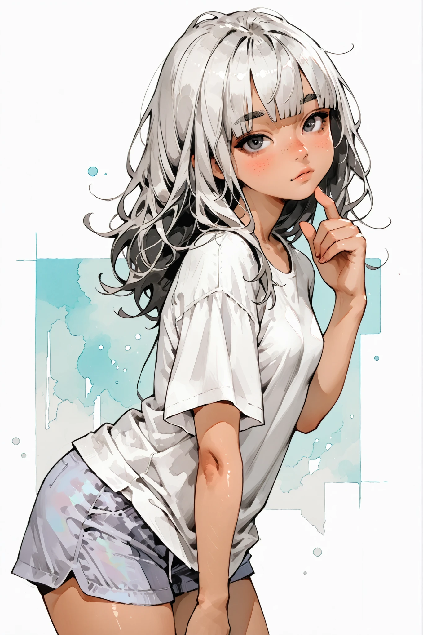 
1girl,Super Detailed,absolute resolution,(dynamic angles),(tanned skin:0.5),Japanese girl,(portrait),(pinup),
((cowboy shot)),from side,
standing,finger to own chin,[[bent over]],arm at side,[[head tilt]],thinking,
(plain white oversized T-shirt:1.5),,(untucked T-shirt:1.3),(((clavicle))),bra strap,skyblue  board shorts,,
detailed and beautiful face and eyes,dark gray eyes,,(Freckles:0.7),(Thick lips:0.3),[chapped lips],Thick eyebrows,(round nose:0.5), 
small breasts,white hair,long hair,blunt bangs,hair over both eyes,(messy hair:0.7), 
(blush:0.8),(nose blush:0.8),,(parted lips:0.6),watercolor Background,(Watercolor anime:0.5),


