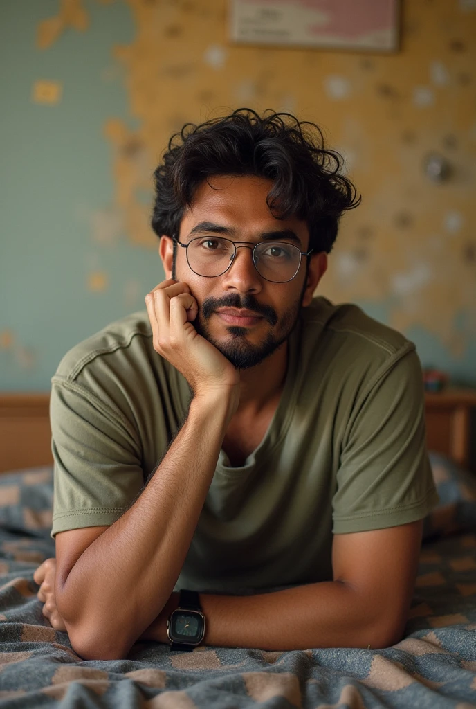 A sexy indian man sitting next to a small window, looking at the camera seductively, beautiful room filled with books,and plants, sunlight coming from window , homoerotic, nsfw ,( focus mostly on the man 1.5), eye glasses , holding a book