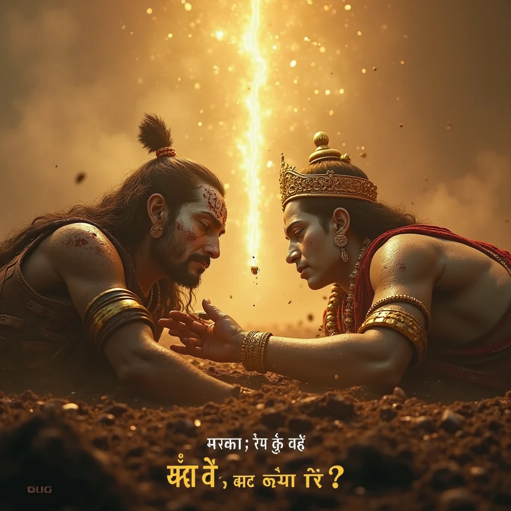 Design a YouTube thumbnail with a Hindu deity (like Lord Rama) on the left, and a serious young man in a blue shirt on the right. Use an orange-to-red gradient background, and place bold text in the center reading 'IS IT REAL?'"