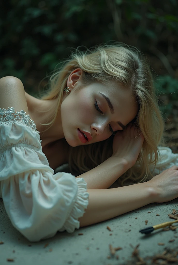 ((Masterpiece)), ((Best Quality)), 8k, High Definition, super detail, (beautiful elf), (white and transparent dresses, Set with yellow gold edges), (The shawl of blonde hair was scattered.), (expression eyes closed) (sleep on the grass 1.6) (Full body screen 1.4), ( , head resting on a lion, The work of art is a masterpiece., Con la Best Quality y super details, Shot in 8k High Definition. Fotógraforealist, realist, Las ilustraciones muy detalladas son realists, Octane representation