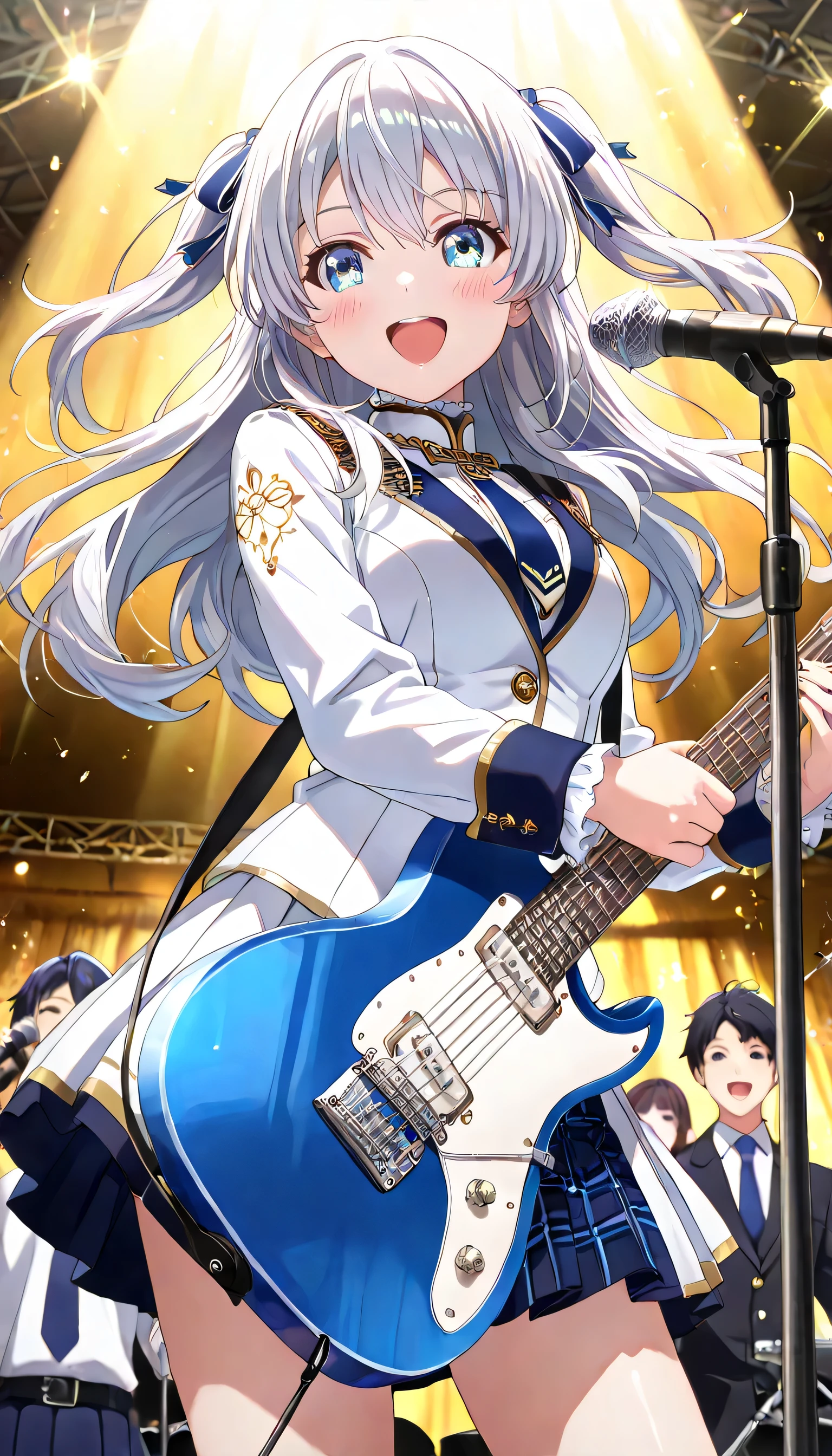 ((ultra-detailed)), (highly detailed CG illustration), (best quality:1.2), ultra-highly detailed, colorful composition, artistic photoshoot, 1girl, solo focus, upper body:1.2, moe anime character, super popular super idol:1.3, round face, rounded chin:1.2, short stature, blue eyes:1.3, sagging eyes:1.3, silver hair:1.3, long hair, two side up, hair ribbon with black, amplebreasts, white fitted jacket, metallic silver trim, dark navy blue accents, shoulders and sleeves detail, elaborate gold embellishments, ornate collar, ornate shoulder details, long sleeves, dark cuffs, blue criss-cross ribbons, tied into bows, upper arms, two ornate metallic medallions, hanging from waist, dark blue straps, blue necktie, standing collar, pleated skirt, layered navy panels, bright blue panels, subtle gradient, symmetrical silver and blue patterns on back, crest-like design, ceremonial outfit, high-tech aesthetic, smooth textures, glossy materials, high detail, precise fabric folds, material reflections, open mouth, smile1.3, (microphone stand:1.4), electric_guitar, playing_instrument, on idol stage, singing in the live venue:1.4, Outdoor stage:1.4, enthusiastic audience, cheers, shoot from below, dynamic pose, contrapposto pose, best quality, masterpiece, expecting, pink cheek, blush, light pink gloss slip, portrait, depth of field, shining lighting, sidelighting, shine, lighting, caustics, ray tracing, perfect face, lustrous skin, highly detailed face, highly detailed eyes, perfect face, perfect nose, perfect hair, perfect eyes, perfect anatomy, beautiful hair, beautiful small face, extremely detailed face, beautiful detailed eyes, beautiful clavicle, beautiful body, beautiful breasts, leavage, breasts squeezed together, beautiful thin thighs, beautiful legs, beautiful fingers, 4 fingers, 1 thumb, lovely, (very detailed background:1.0), (highly detailed background:1.0), intricate details, enthusiastic atmosphere, colorful and sparkling colors palette, chromatic aberration
