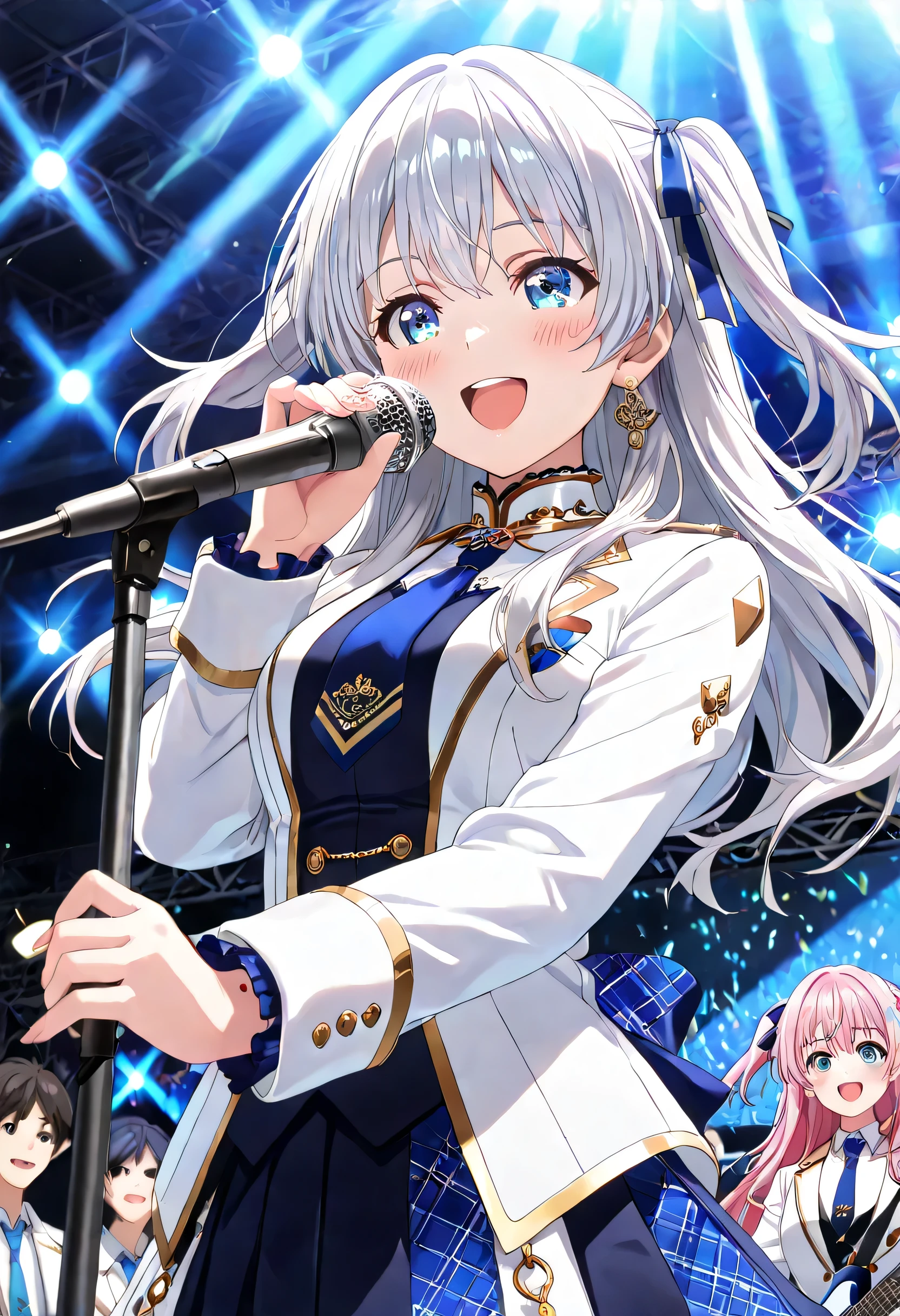 ((ultra-detailed)), (highly detailed CG illustration), (best quality:1.2), ultra-highly detailed, colorful composition, artistic photoshoot, 1girl, solo focus, upper body:1.2, moe anime character, super popular super idol:1.3, round face, rounded chin:1.2, short stature, blue eyes:1.3, sagging eyes:1.3, silver hair:1.3, long hair, two side up, hair ribbon with black, amplebreasts, white fitted jacket, metallic silver trim, dark navy blue accents, shoulders and sleeves detail, elaborate gold embellishments, ornate collar, ornate shoulder details, long sleeves, dark cuffs, blue criss-cross ribbons, tied into bows, upper arms, two ornate metallic medallions, hanging from waist, dark blue straps, blue necktie, standing collar, pleated skirt, layered navy panels, bright blue panels, subtle gradient, symmetrical silver and blue patterns on back, crest-like design, ceremonial outfit, high-tech aesthetic, smooth textures, glossy materials, high detail, precise fabric folds, material reflections, open mouth, smile1.3, (microphone stand:1.4), electric_guitar, playing_instrument, on idol stage, singing in the live venue:1.4, Outdoor stage:1.4, enthusiastic audience, cheers, shoot from below, dynamic pose, contrapposto pose, best quality, masterpiece, expecting, pink cheek, blush, light pink gloss slip, portrait, depth of field, shining lighting, sidelighting, shine, lighting, caustics, ray tracing, perfect face, lustrous skin, highly detailed face, highly detailed eyes, perfect face, perfect nose, perfect hair, perfect eyes, perfect anatomy, beautiful hair, beautiful small face, extremely detailed face, beautiful detailed eyes, beautiful clavicle, beautiful body, beautiful breasts, leavage, breasts squeezed together, beautiful thin thighs, beautiful legs, beautiful fingers, 4 fingers, 1 thumb, lovely, (very detailed background:1.0), (highly detailed background:1.0), intricate details, enthusiastic atmosphere, colorful and sparkling colors palette, chromatic aberration