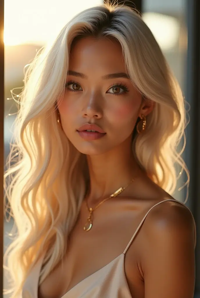Capture the matured 50 years old malay woman with long blonde hair in a vast cavern filled with towering, sparkling crystals. The radiant crystals reflect the light, casting a surreal and enchanting glow. style raw, pastel color grading, Super 8mm lense, Extreme close-up, Deep Focus cinematography effect