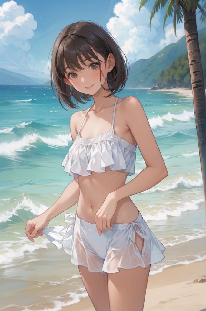 Frame-in, from the front of the face and body, look straight, whole body, high quality, very high resolution, high quality, very high resolution, pretty girl, brown hair, amount, dull bangs, bob cut, brush up bangs, (nude),((topless)), medium breasts, pale pink nipples, Short denim skirt, upright, Are standing, smile, on the beach