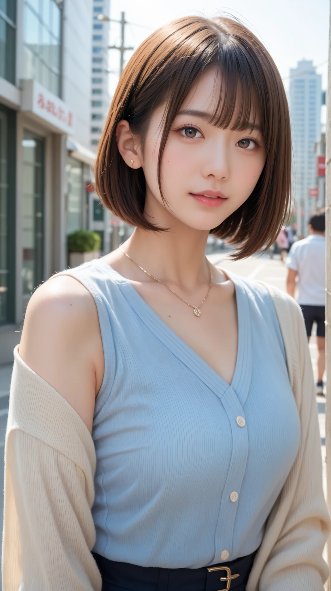 (Best Quality, 8k, 32k, Masterpiece, UHD: 1.2), Cute Japan Woman Pictures, Very Short Bob Hair, Upper Body, Necklace, Simple Background, Look Around, Smiling, Plain Clothes
