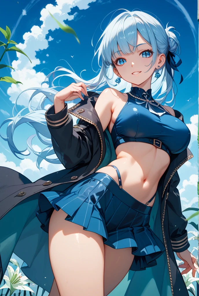 Gorgeous image quality, 8 k, high quality, masterpiece:1.2), ((masterpiece)), (high detail, high quality, Best Image Quality), solo, 1 girl, Konosuba ,aqua, blue hair, Blue eyes, detailed face, cheerful face, smiling, looks at the viewer,masterpiece, Beautiful art, очень detailed face, detailed hair, detailed clothing, detailed fabric, Beautiful face, black Dior thigh-high boots, bikini, маленькие bikini,  short pink shorts, bare belly, I&#39;m standing, Stooping, clouded, huge breasts, middle thighs, turmoil, School Environment