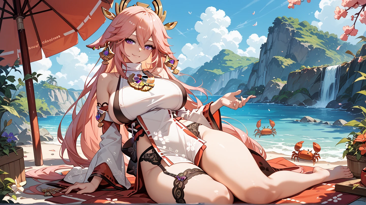 (Masterpiece, Best quality:1.2), Exposed breasts,Clothes do not cover,Beach by the sea,A high resolution, high resolution, Solo, 1girll, Yae Miko, Pink hair, side locks, Long hair, Purple eyes, Smile, view the viewer, Cesa, hair adornments, Japanese clothes, Side Chest, jewelry, Earrings, Large of breast, Bigboobs, Large chest, Light smile, teeth, Bare shoulders, Portrait shooting,, Beautiful face, perfectfingers, Perfect anatomy. Portrait shooting, Masterpiece, High quality.with no underpants,Vacuum exposure,squating,spread their legs ,Masturbation,with no underpants,Revelation,legs separated, Lateral breast exposure, Chest exposure, Scratches, Vaginal opening, Revelation ,Vaginal opening, legs separated,Scratches,with no underpants,Revelation,The vaginal opening is exposed,Vaginal opening valgus,Scratches,Masturbation,masturbated,Incontinence,The breasts are completely exposed,Chest exposure,No chest cover,Fully expose one side of the chest,Lactation,Knead your chest with both hands,Insertion of male genitalia into female genitalia,Vaginal opening,