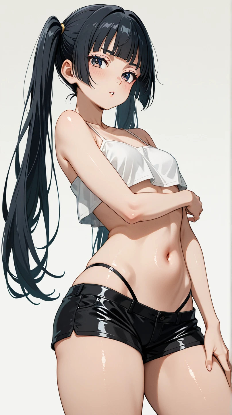 (8K, Highest quality, Highest quality, masterpiece), standing, 1girl, solo girl, only 1 girl)), fullbody, solo, cowboy shot, aasuzune, long hair, black hair, hair loose in the wind, leafs in the air, (dusk), micro-bikini top, white bikini, black thighhighs, ((smile)), (Shorts, denim shorts), outdoors, large breasts, cleavage, underboob