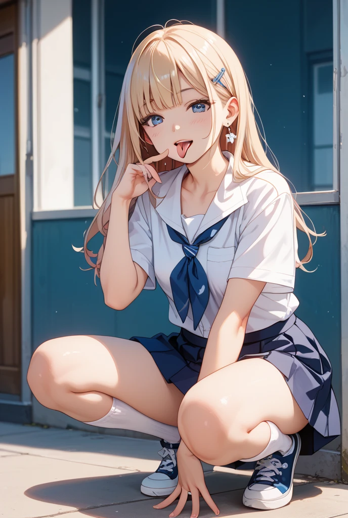 One person!!、Baby Face、Innocent face、human、Smiling 6 year old girl、Long Hair、Blonde!、With bangs、small、1st grade elementary school students、Big eyes、barefoot、black eye、cute、Are thin、凄くsmall胸、身長のsmall、体のsmall、Short legs、、Are standing、School、Schoolの制服、Short sleeve、Bare Skin