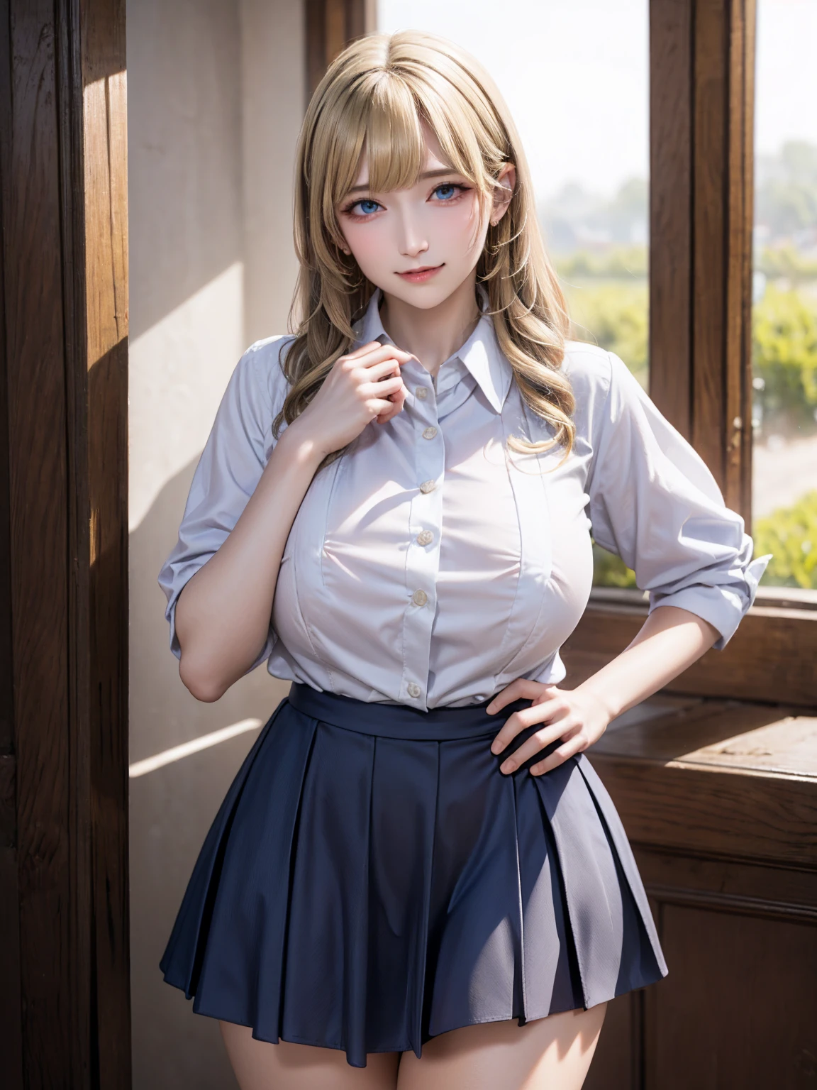 young Riley Andersen, neckline, diaphragm, dressed in sexy , white shirt with open buttons short yellow tie, wide short light blue skirt, long tight white stockings, White shoes, will have a backpack on his back, very sexy and sensual hands-on-waist pose, very big breasts, Wide hips, fat legs