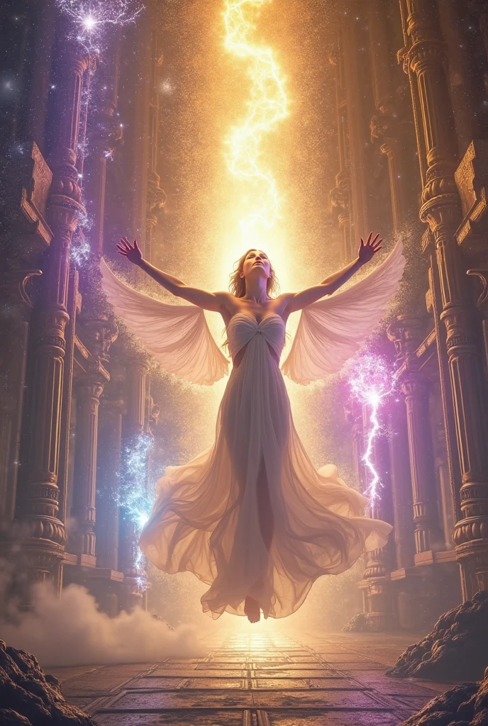 A powerful woman levitating at the center of a futuristic sacred temple ...