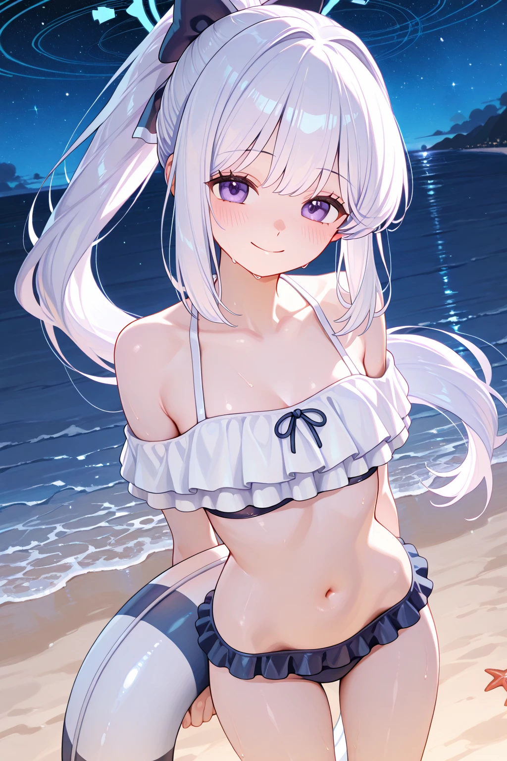 Silver Hair、blue eyes、girl、Small breasts、Twin tails、girl、Small breasts、Lolita、Bright smile、Looks about 15 years old、Petan Musume、He is short、Eye highlights、Sexy thighs、Wearing a sexy bikini、Ocean、Show your armpits