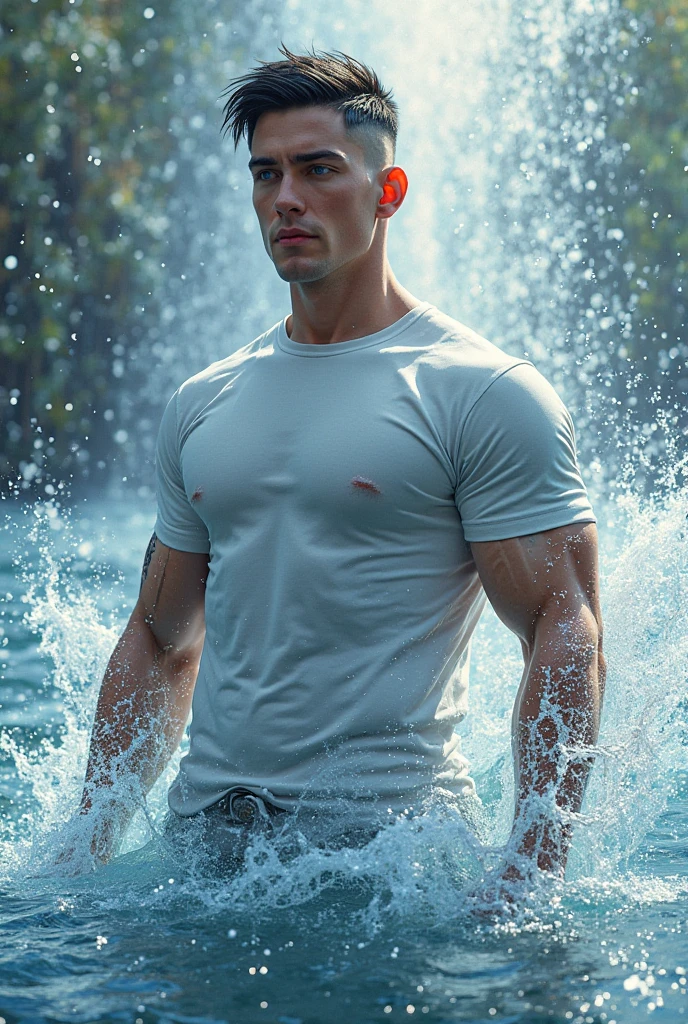 a mature daddy, light-colored hair, crew cut, stubble, beautiful nature scenery, muscular, tattoo, standing in the water under the waterfall, wet body, white speedo, white swimwear, big bulge, Handsome face, eyes with brightness, The man looks confident and determined, upper-body shot, body half in water, short hair, realistic water splashes, Icelandic landscape, Dynamic Angle, volumetric lighting, (Best quality, A high resolution, Photorealistic), Cinematic lighting, Masterpiece, RAW photo, Intricate details, hdr, depth of field