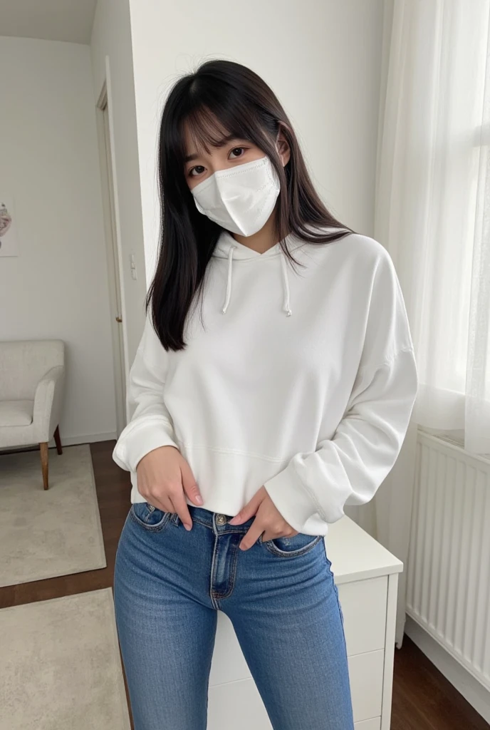 Gravure idol pose　Hotel　bed　high resolution　Not too small bust　Skirts should be shortened　Beautiful legs　Height: 153cm　Wearing a mask
