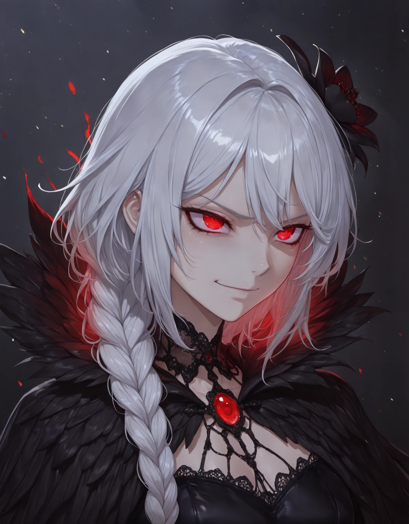 (looking at viewer, glaring at viewer, cowboy shot:1.22), kubrick stare, tsurime narrow eyes, predatory eyes, (portrait, standing at attention, disciplined, side shot, medium shot, three quarter shot:1.5), mature, (1girl:0.75), solo, masterpiece, best quality, amazing quality, very aesthetic, high resolution, ultra-detailed, (soft shading, soft shadows, volumetric light:1.14), snow white hair, long hair , small chest, elaborate single braid, black flower, black feathered capelet, ornate dress, red eyes, sharp red eyes, smirk, glowing red aura, glowing black aura,black eye trail, lidded eyes, ruffled hair, wolf cut hair