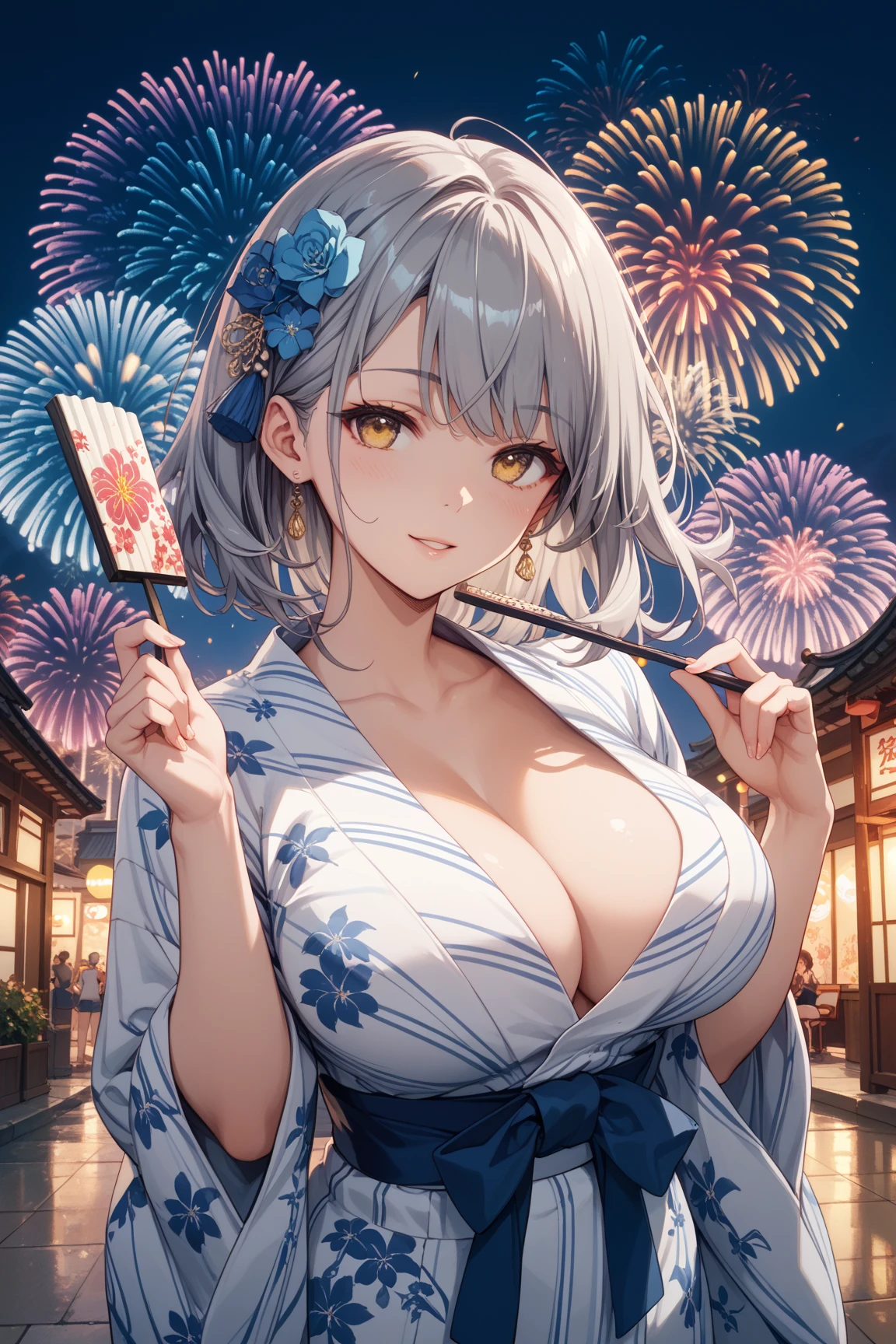 ((One personの女性)), Beautiful Face,Laughing shyly,((Wink:1.5)),Laugh with your mouth wide open((Bright red cheeks:1.4)),Glossy pink lips,night,rooftop,Festive decorations,You can see the ocean, firework,Laughing with your mouth open,Glossy pink lips,Lighting on the face,((Anime style background)),masterpiece, Highest quality, so beautiful,Latest, Complex details, (Pink long nails),(ring),(bracelet),(choker),AI-generated, Complex,High resolution, Highest quality, super high quality,3D Images、View your viewers、3D Images,One person,Long white hair,High Ponytail,(blue eyes),Anime woman posing for a photo, ((Fine grain、Silvery white colorful eyes、Shining Eyes:1.4)),(Squint your eyes:1.1),a hyperRealistic , hyperRealistic , Realistic,Anime woman with long and white hair, Smooth anime CG art, A woman in a colorful kimono with gold embroidery, (Black long sleeve kimono),Red floral pattern,Long flower hair ornament,Big earrings,Mature Body,(Big Breasts:1.1),Tall,Abdominal muscles,Narrow waist,(Zoom in on face:1.7),Shooting from below at an angle