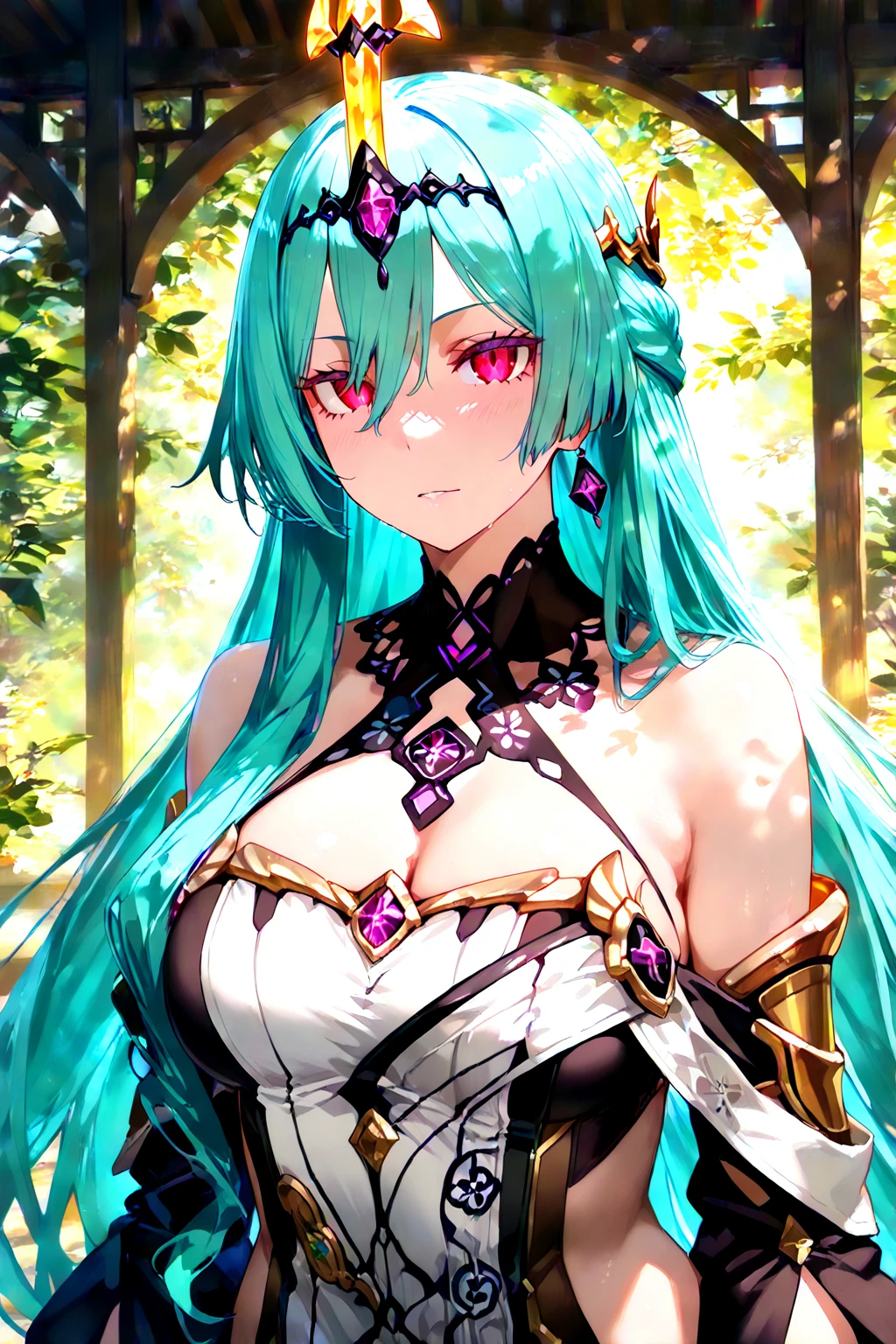 A goddess of love in her small garden, She is surrounded by beautiful flowers, Little angels and fairies accompany her. Su mirada revisa la dulzura, Se viste de forma luminosa y vaporosa. Su cuerpo es esbelto y espectacular. ((pechos grandes)) (cuerpo fitness)
