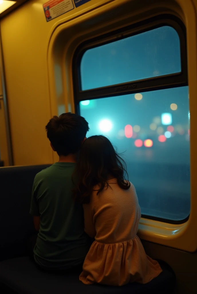 One night a boy and a girl enjoyed their ride in the train,they sat in the door step of the train to watch the moon 