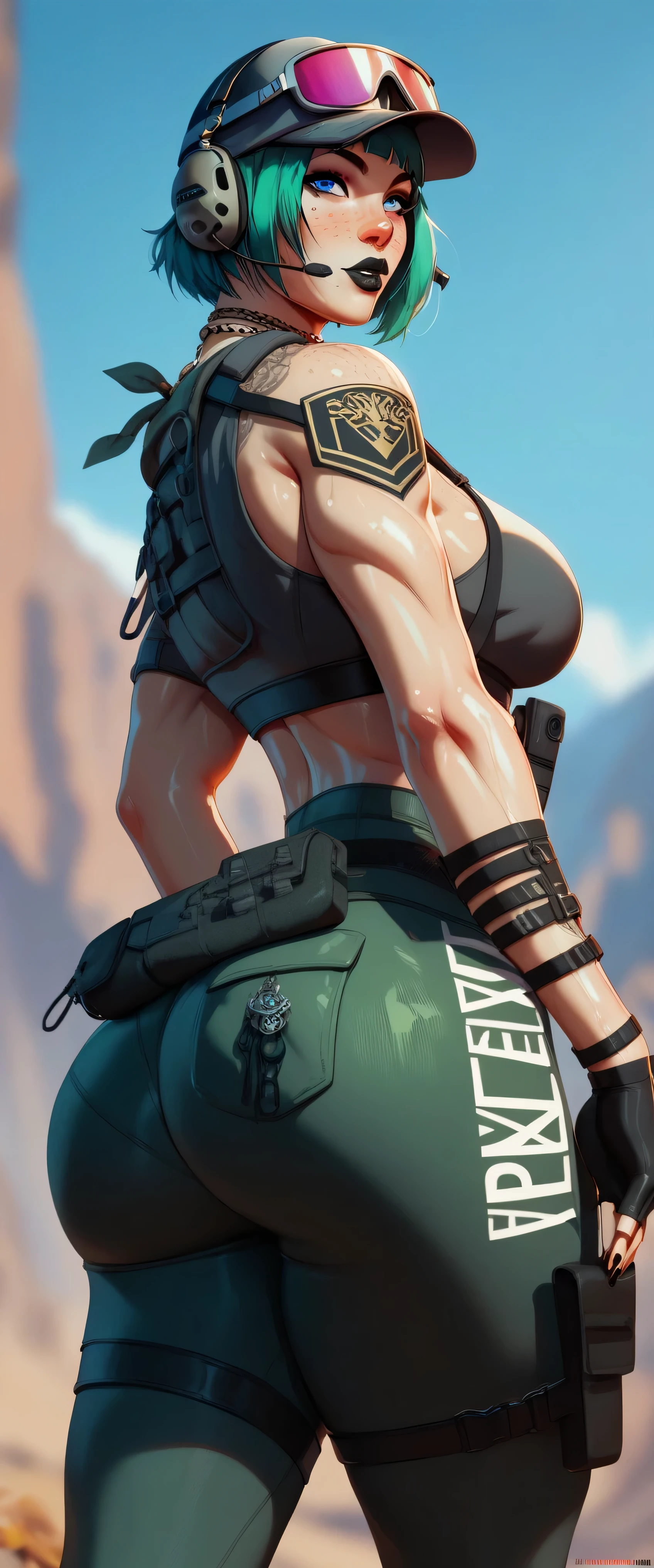 1woman 20 years old, max resolution, crisp lines, sculpted, military, wearing a soldier helmet, beautiful, perfect body, red hair, perfect body, thin waist, wide hips, large breasts, slim thighs, jungle background, armored vehicle, flying fighters, military robot dog, camouflaged uniform, tight panties, head to toe, highly detailed, high resolution, perfect hands, rear view, backside, camo, turning around to see the viewer