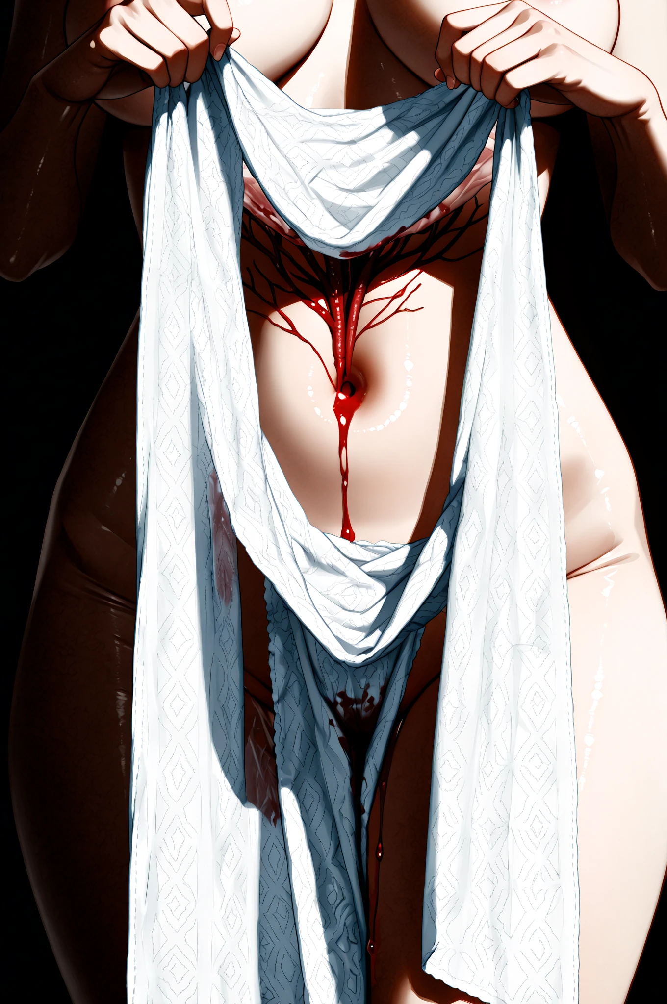 (masterpiece, highest quality, ultra high res, ultra detailed:1.3), (1 cute zombie girl:1.4), ideal ratio body proportions, full body, (white panties:1.4), cameltoe, T-shirt torn to shreds, breaked shirt, clothes covered nipple, nipple, pleated mini skirt, bare thighs, bare legs, bare feet, dynamic angle, in her bed room, scratches, wounds, blood, fangs, (sitting on the bed, masturbating with her fingers, touching crotch by self:1.6), ecstasy look, love juice,